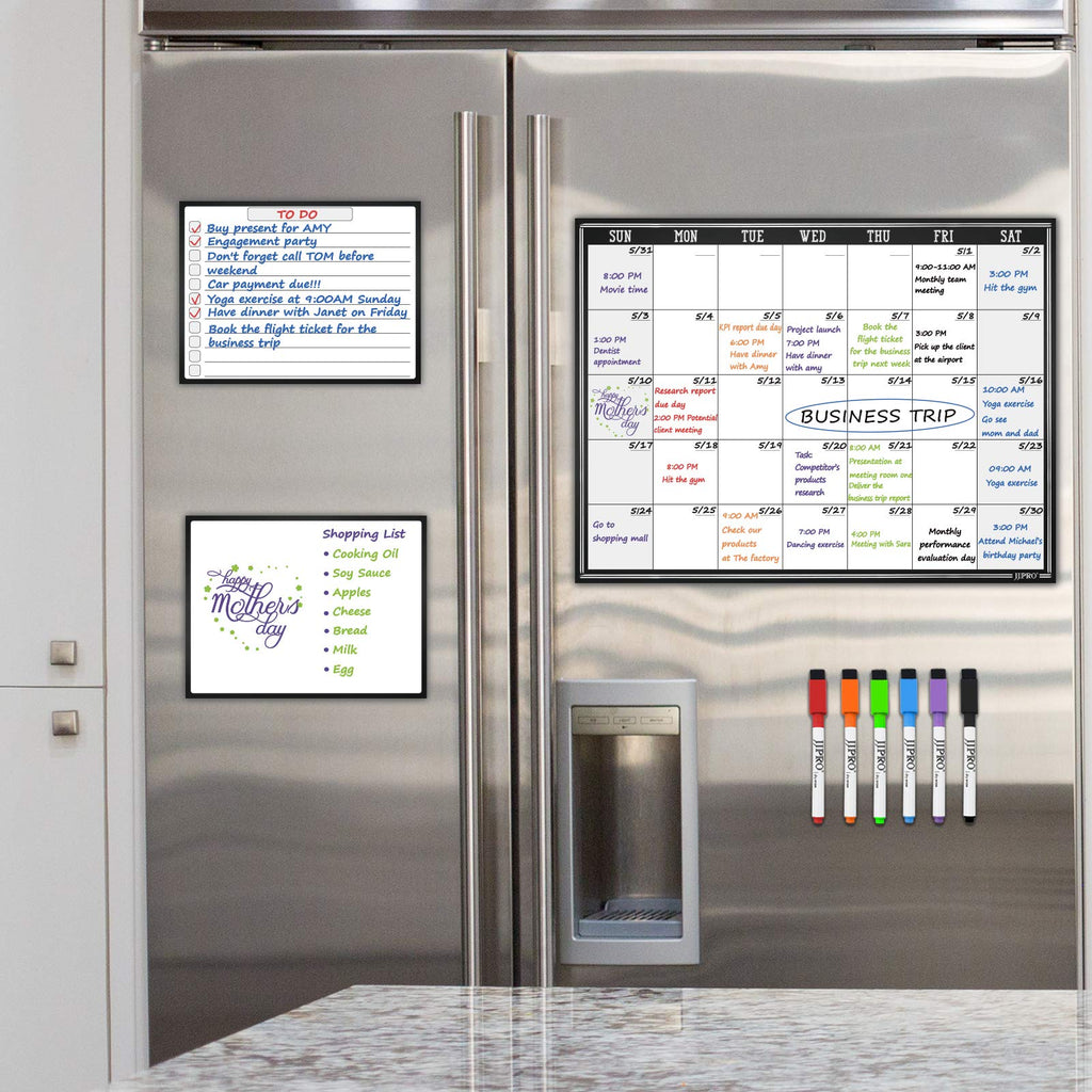 JJPRO Magnetic Dry Erase Monthly Calendar Whiteboard for Refrigerator-One Monthly Planner Whiteboard and Two Notes Boards Set for Fridge-Refrigerator Organizer with Monthly Planning Board