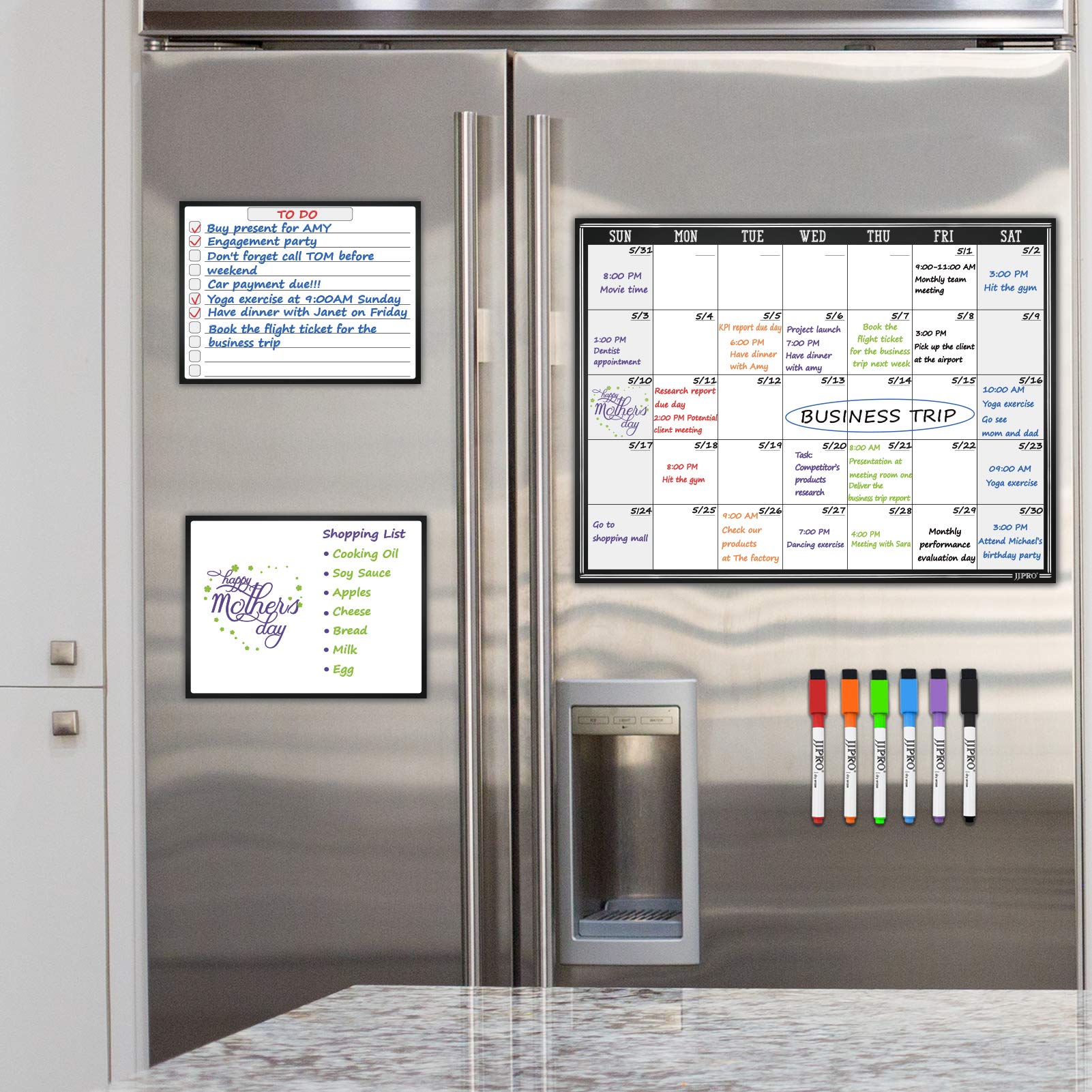 JJPRO Magnetic Dry Erase Monthly Calendar Whiteboard for Refrigerator-One Monthly Planner Whiteboard and Two Notes Boards Set for Fridge-Refrigerator Organizer with Monthly Planning Board