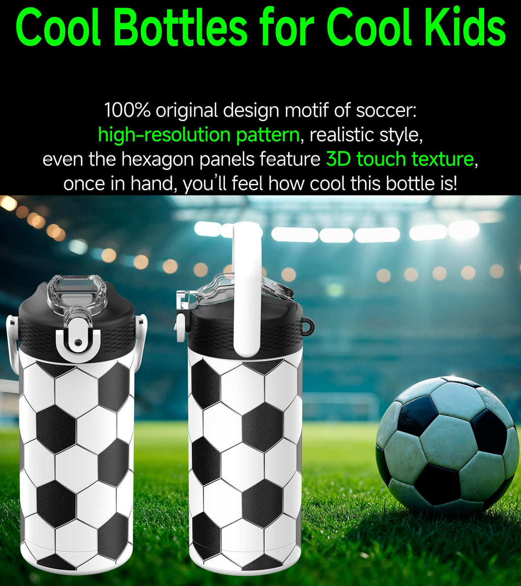 MYFOREST 14oz/400ml Insulated Kids Water Bottle, Odor-Free Surgical Grade Liner, Dishwasher-Safe, Name Spot, Soft Sipper (Soccer)