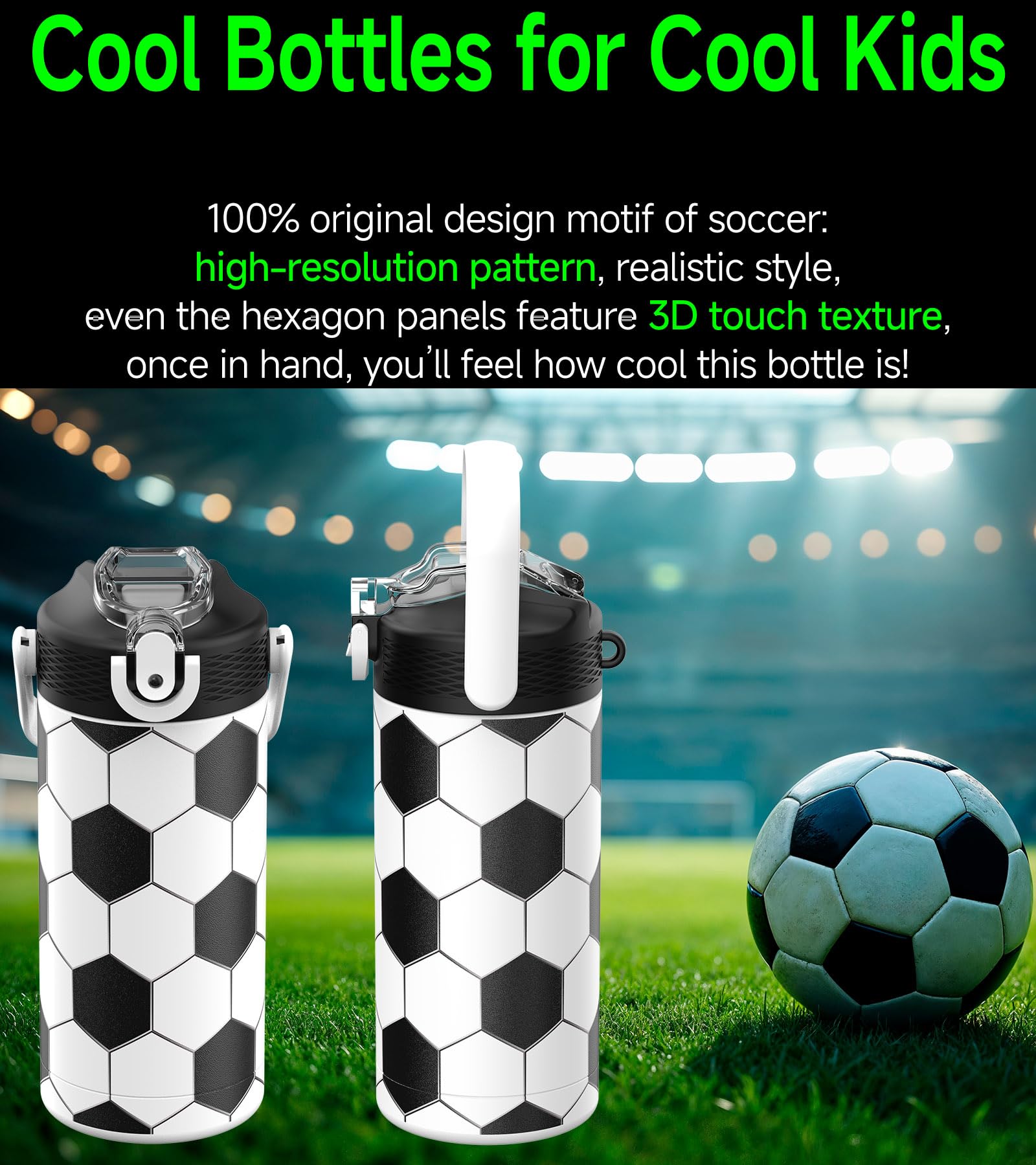 MYFOREST 14oz/400ml Insulated Kids Water Bottle, Odor-Free Surgical Grade Liner, Dishwasher-Safe, Name Spot, Soft Sipper (Soccer)