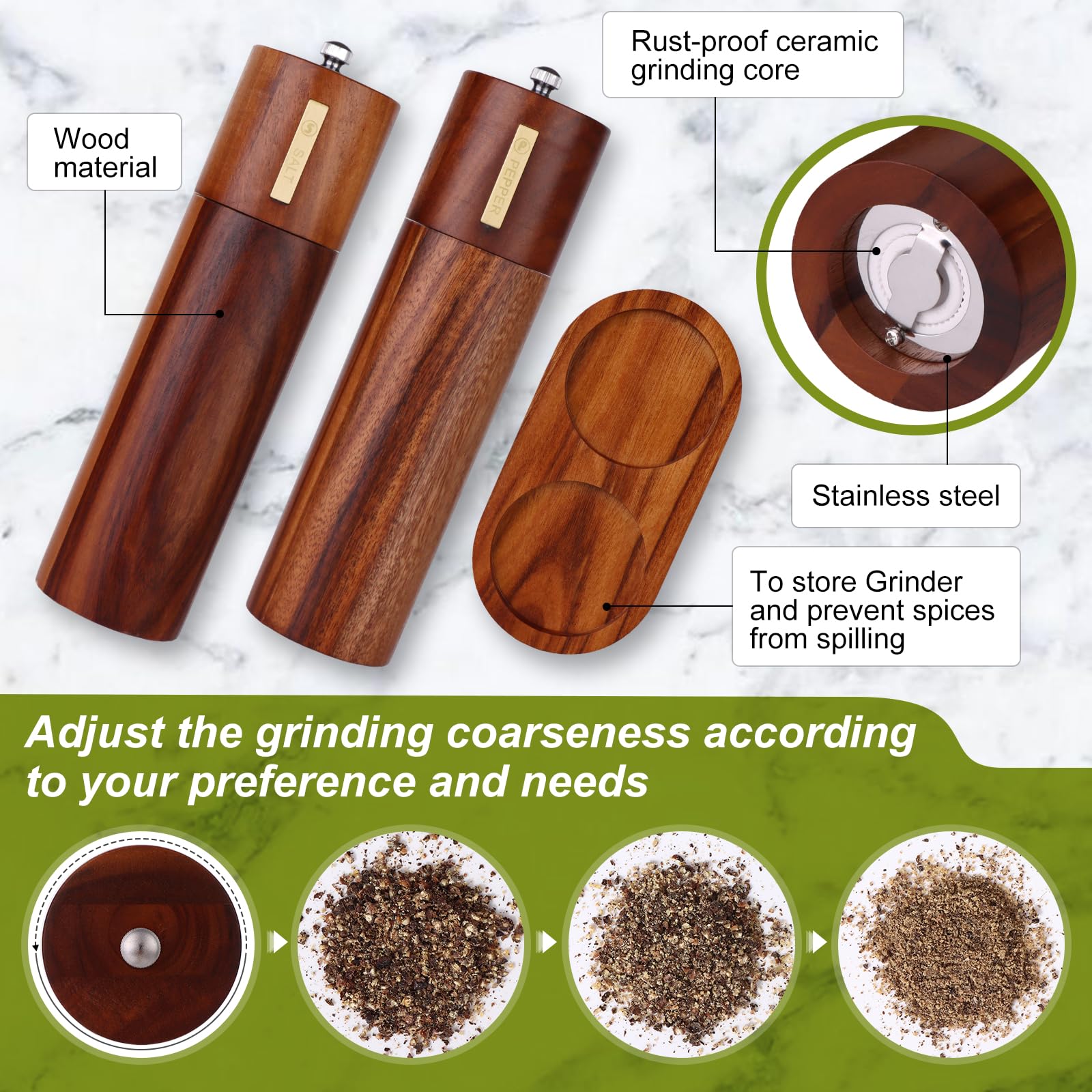 2 Set Wood Salt and Pepper Grinder 8 Inch Manual Salt and Pepper Mill with Tray Adjustable Coarseness Refillable Grinder with Gold Bottle Label Smooth and Quality Grinding Mechanism for Kitchen