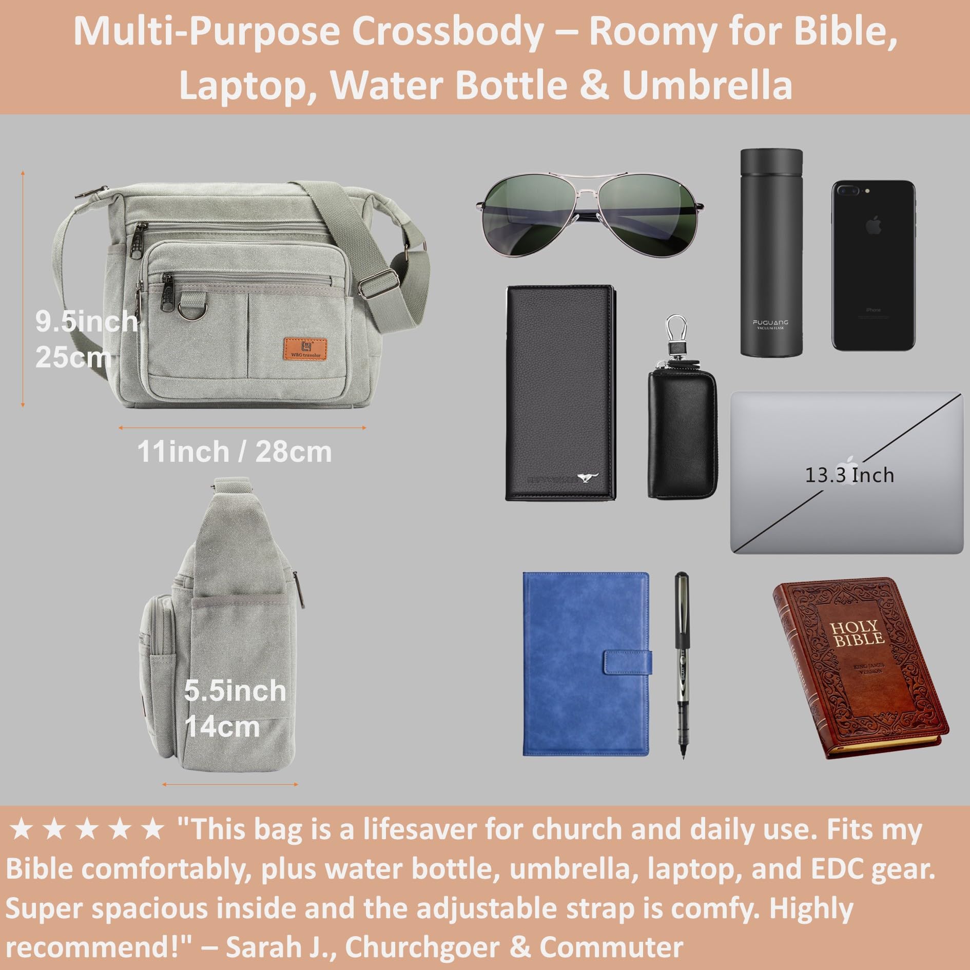 Anti-theft Rfid Crossbody Bag, Messenger Work Bag with Water Bottle Holders, 13 inch Shoulder Laptop Bag W/Built-in Wallet for Work, Travel, Tool, Commute, Camera, Grey