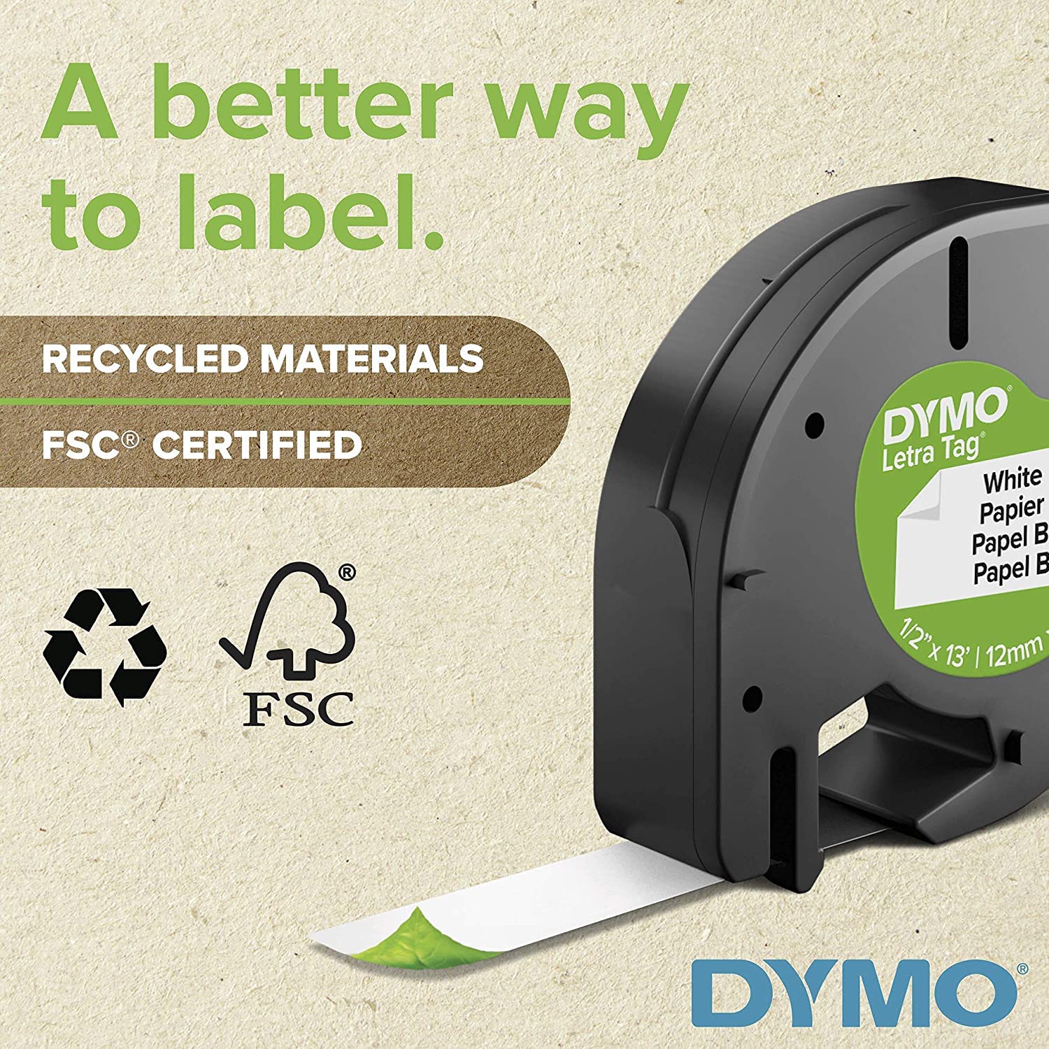 Dymo 10697 Self-Adhesive White Paper Labeling Tape for LetraTag, 2 Blister Packs (4 Refills), Black on White, 1/2-Inch Wide x 13 Feet Long