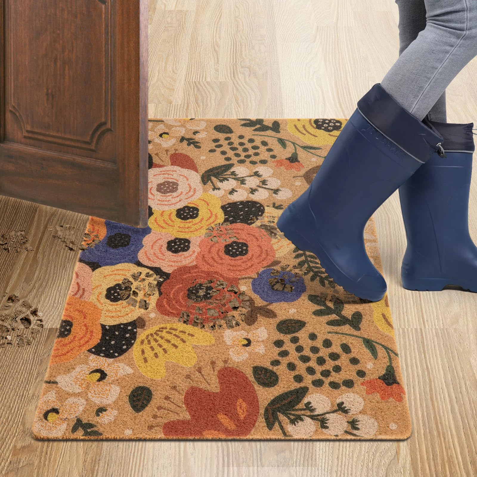 Asrug 17"x30" Hello Door Mat for Front Door,Door Mat for Indoor & Outdoor Entrance, Floral Spring Doormat with Non Slip Backing,Coir Welcome Doormat for Entryway Patio Porch