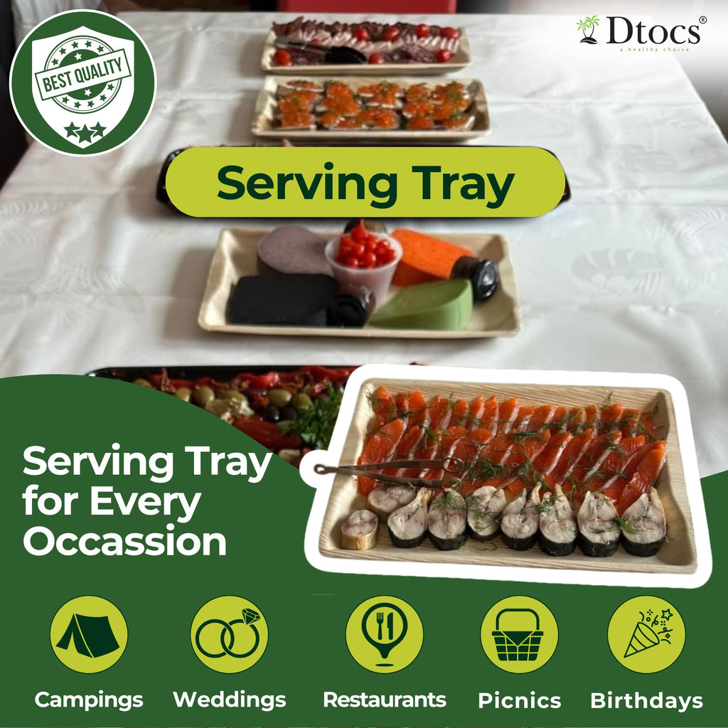 Dtocs Disposable Charcuterie Boards 14x10 Inch (10 Pcs) | Wooden Serving Tray Look Palm Leaf Platters for Food Appetizers, Parties, Catering | Microwavable Serving Platters Alt to Paper, Bamboo