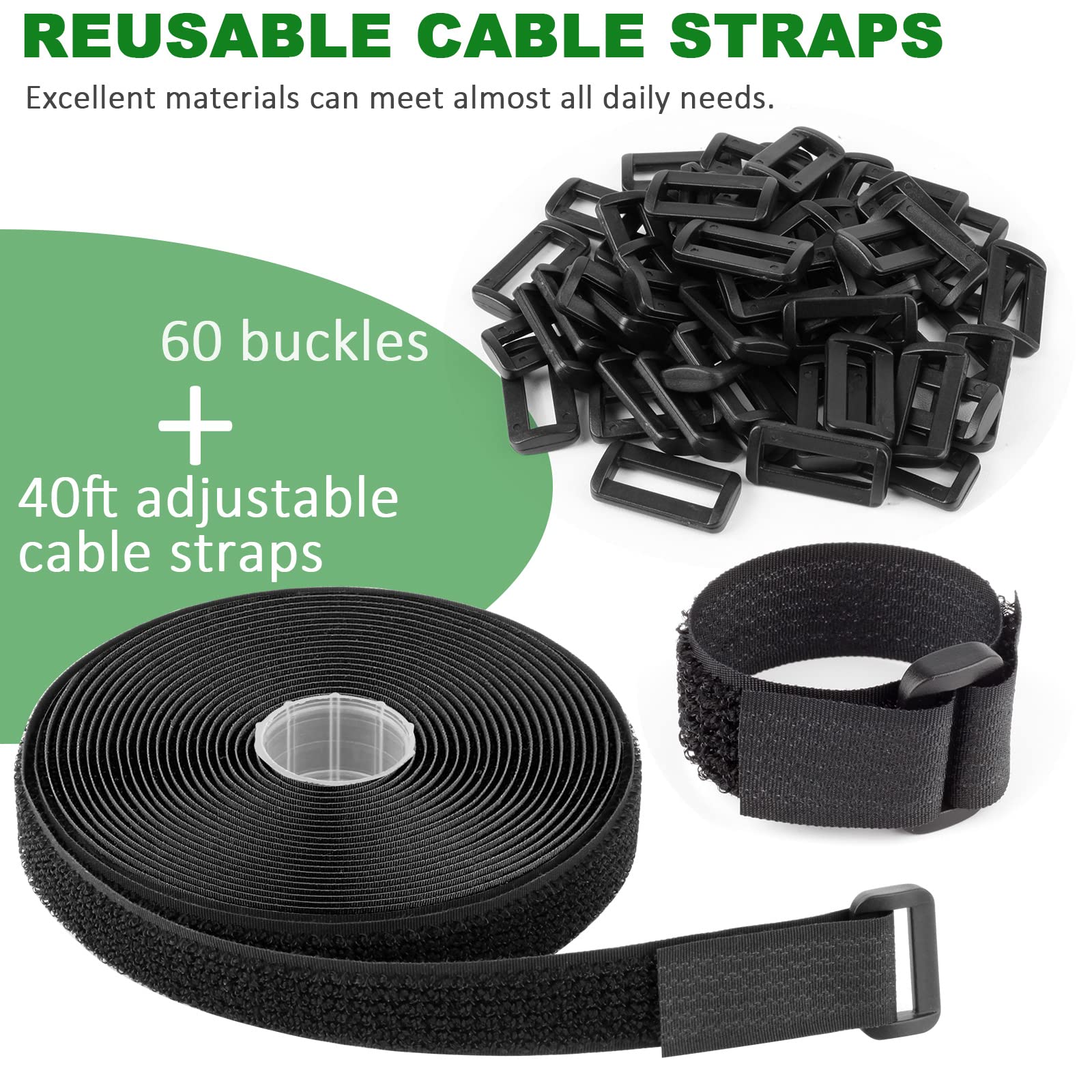 Moyisea 1''x40ft Hook and Loop Straps with 60 Buckles, Adjustable Cable Straps, Free Cut Length, Reusable Nylon Securing Cord Ties for Organizer or Storage, 1in Wide, Black