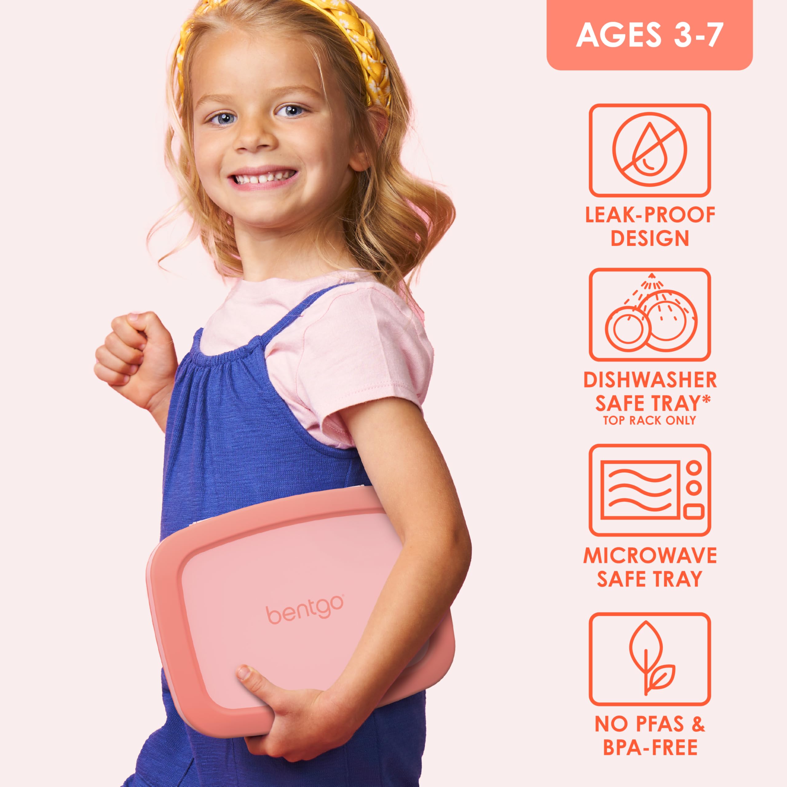 Bentgo® Kids Bento-Style 5-Compartment Lunch Box - Ideal Portion Sizes for Ages 3 to 7 - Leak-Proof, Drop-Proof, Dishwasher Safe, BPA-Free, & Made with Food-Safe Materials (Coral)