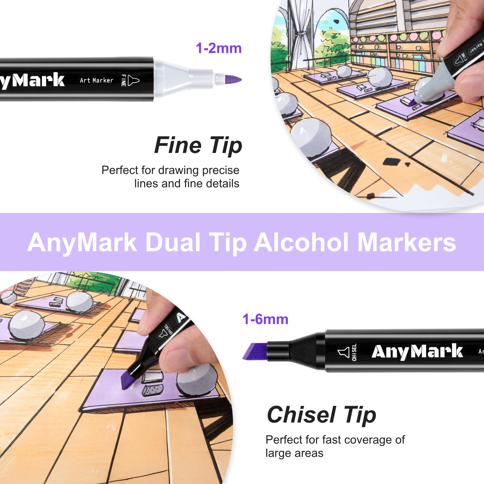 AnyMark Alcohol Markers, 120 Colors Alcohol Markers Set, Dual Tips Alcohol-Based Art Markers for Adult Drawing Coloring Sketch, Chisel & Fine Tips, Black Penholder