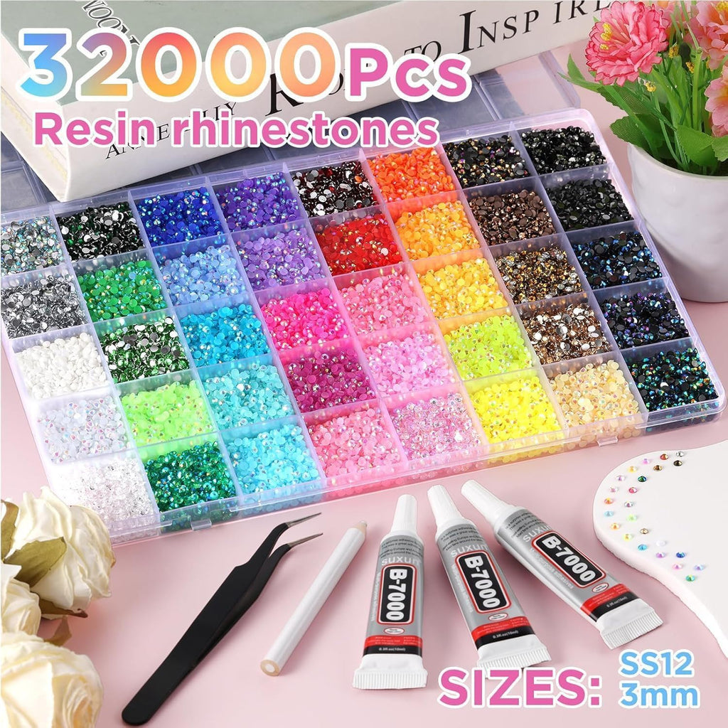 42 Colors 32000Pcs Jelly Rhinestones Bedazzling Kit, 3mm Multicolor Flatback Gems for Crafting, Bedazzle Kit with Tweezers Pen 3Pcs B7000 Glue for Clothes Book Shoes Nails Art Makeup