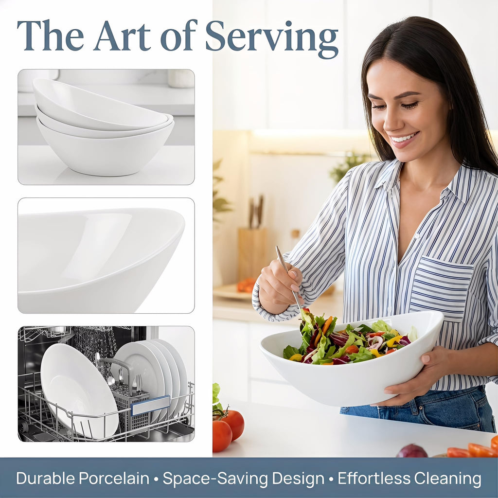 Lawei Set of 4 Porcelain Serving Bowls, 1020 ml, Oval Ceramic Mixing Bowls, 9 Inch Serving Bowls for Salads, Spaghetti, Dessert, Veggie, Side Dishes, Microwave and Dishwasher Safe