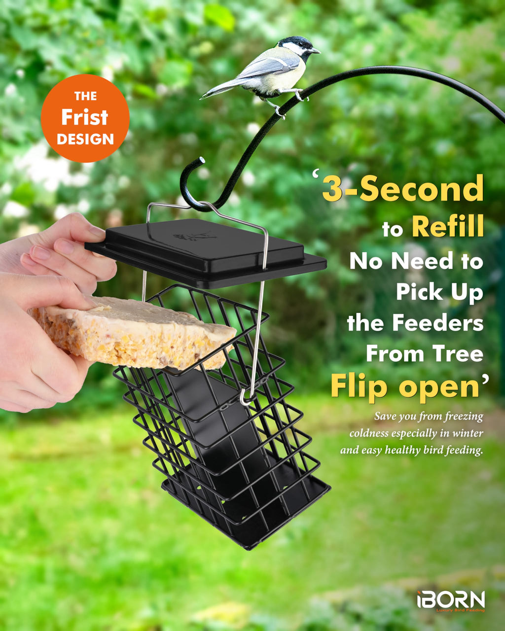 iBorn Double Suet Feeder- Metal Roof Bird Feeder with Taller Grid for Woodpeckers, Suet Cake Cage Bird Feeder for Outdoors Hanging,Easy-Clean & Refill,Metal Black（Pack of 1）