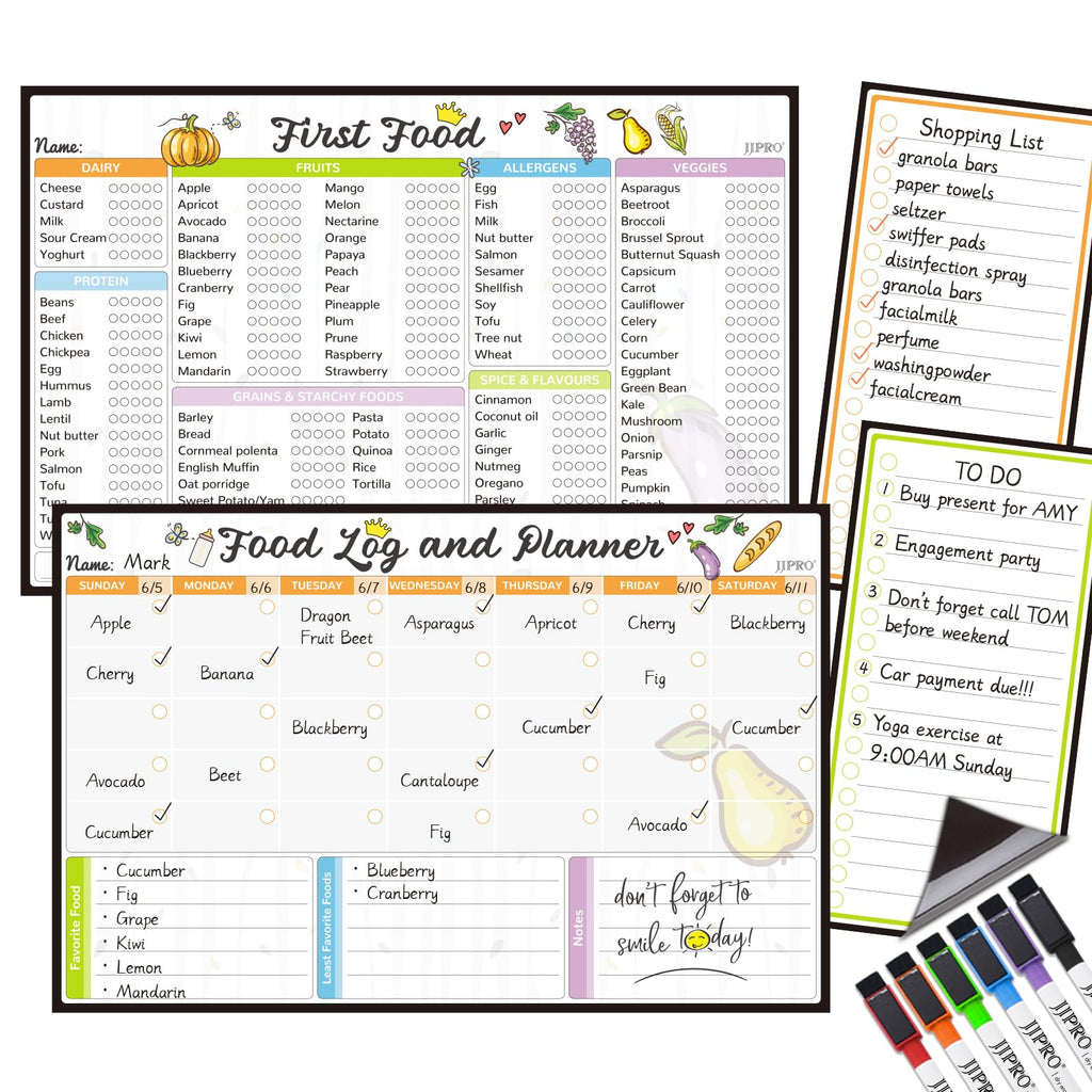 JJPRO Baby First Foods Tracker Fridge Magnet, Daily Food Log Meal Planner, 100 Foods Before 1 Checklist, Baby Daily Log Whiteboard, First Food Tracker for Refrigerator