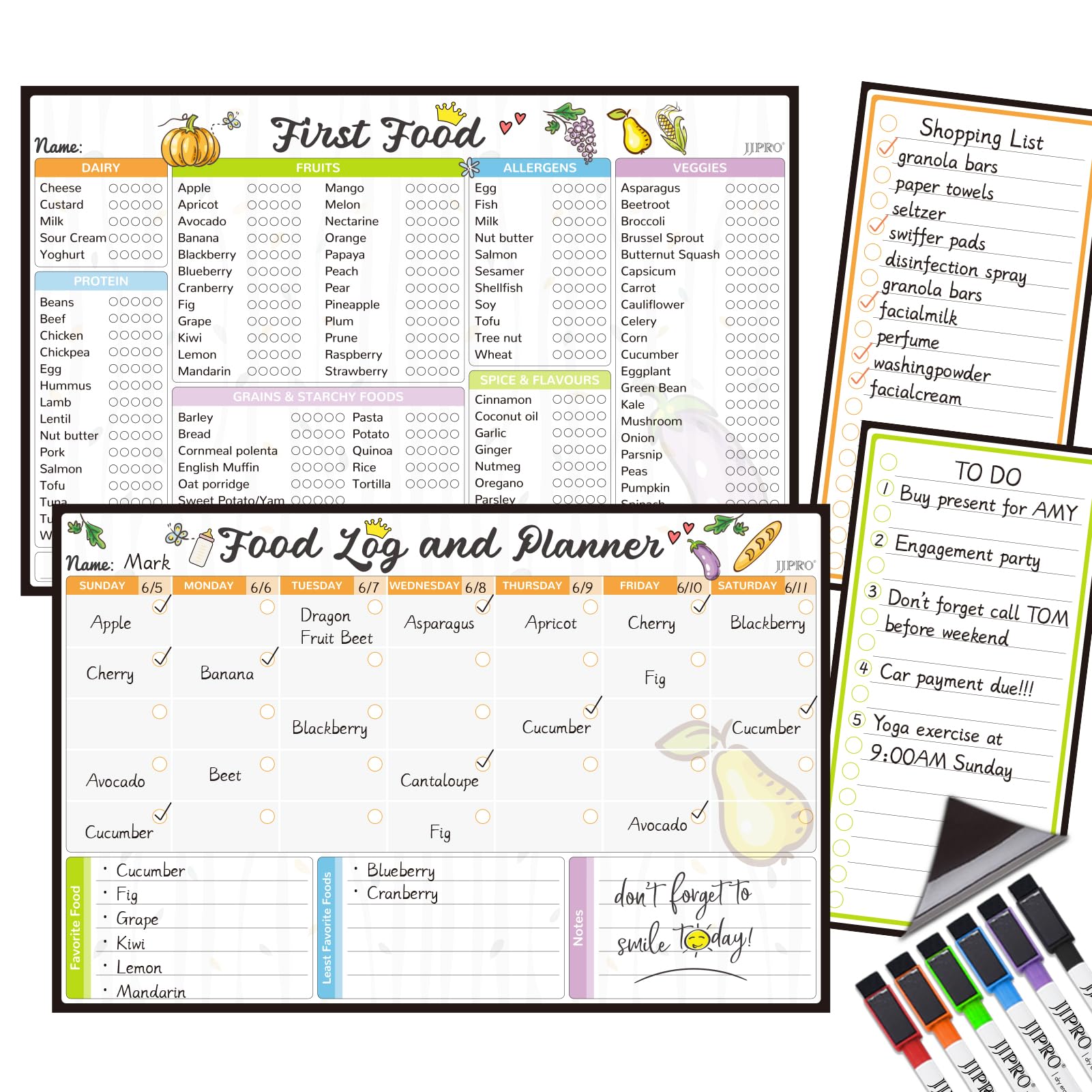 JJPRO Baby First Foods Tracker Fridge Magnet, Daily Food Log Meal Planner, 100 Foods Before 1 Checklist, Baby Daily Log Whiteboard, First Food Tracker for Refrigerator
