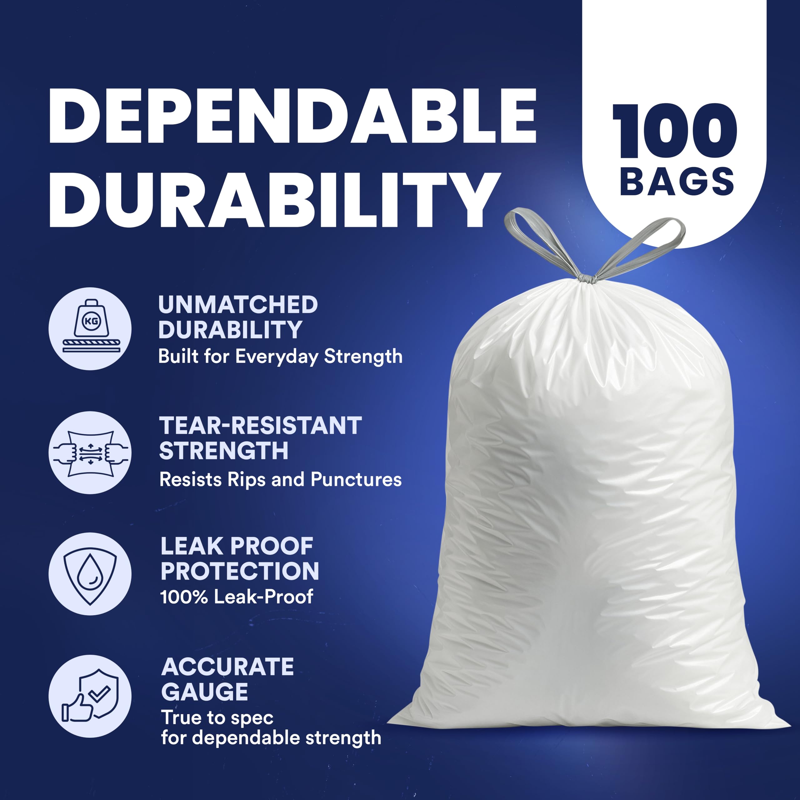 Plasticplace 8 Gallon White Drawstring Bags, 100 Count