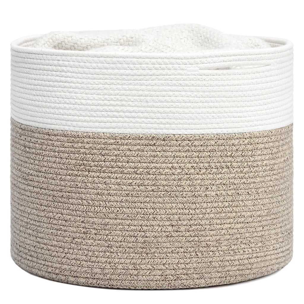 INDRESSME Large Cotton Rope Storage Basket - Woven Blanket Basket in Living Room Pillows Storage Bins with Handles for Toys Plant Basket Home Decor Warm Mix Brown White, 15.8"x15.8"x13.8"