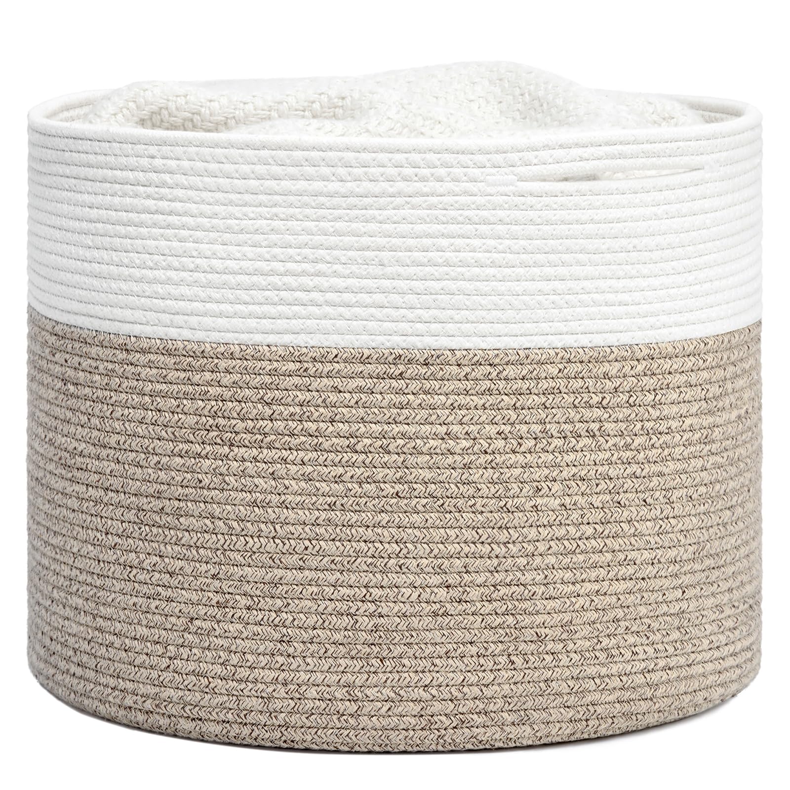INDRESSME Large Cotton Rope Storage Basket - Woven Blanket Basket in Living Room Pillows Storage Bins with Handles for Toys Plant Basket Home Decor Warm Mix Brown White, 15.8"x15.8"x13.8"