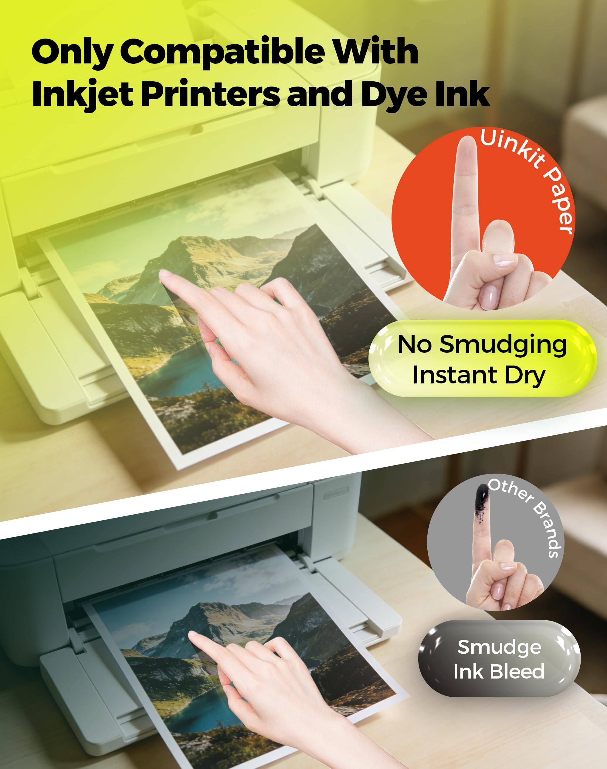 Uinkit Glossy Inkjet Photo Paper 8.5x11 Inches 200 Sheets 48lb Dye Ink 180Gsm Professional Photographic Paper Letter Size 8.5mil Instant Dry Suitable for All Dye Ink Printers (8.5"x11"x200Sheets)
