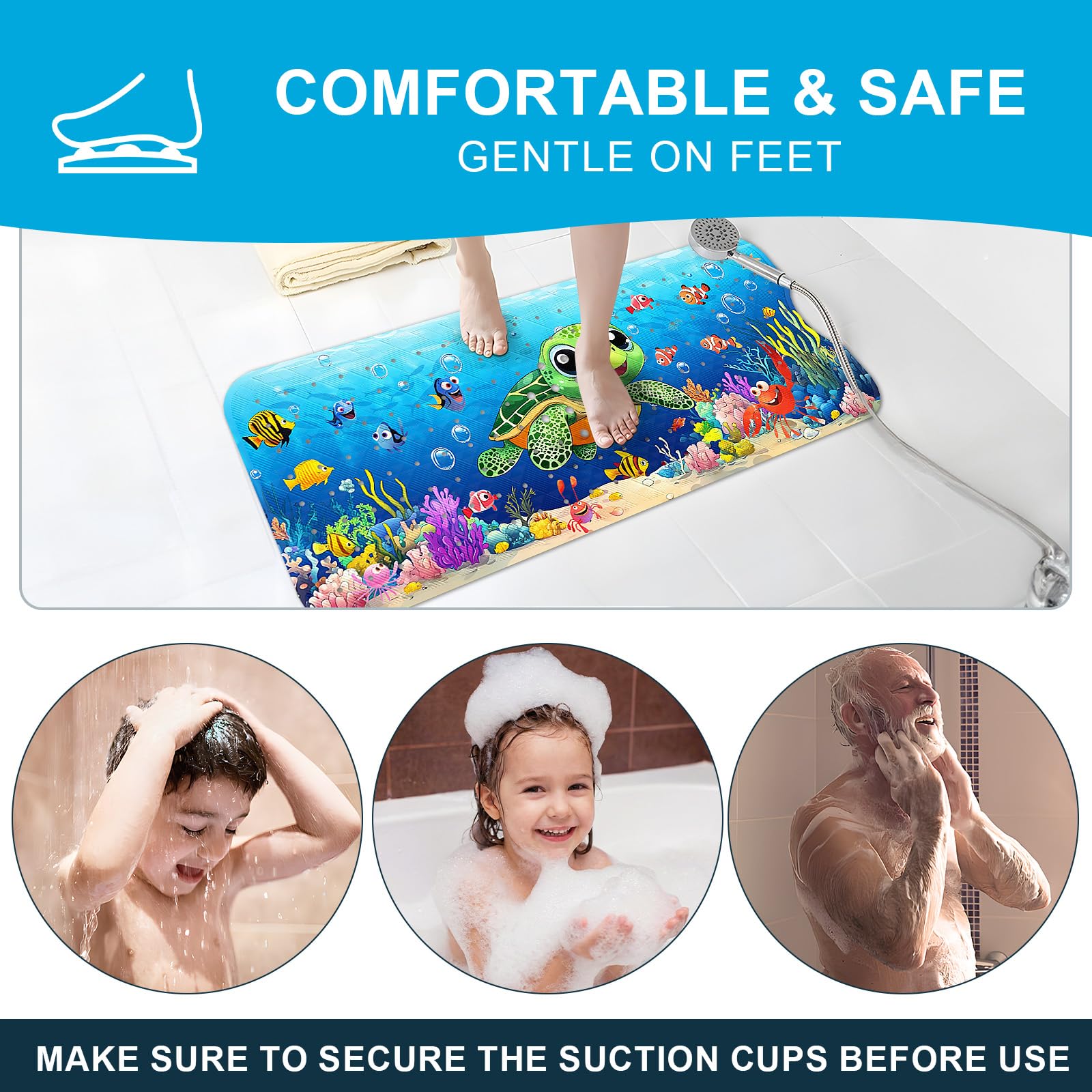 XIYUNTE Baby Bath Mat for Tub Non Slip Kids Bath Mat - 40''x16'' Extra Long Kids Bath Tub Mat Non Slip, Eco-Friendly Toddler Bath Mats with Suction Cups for Secure Grip, Easy to Clean & Easy Drying