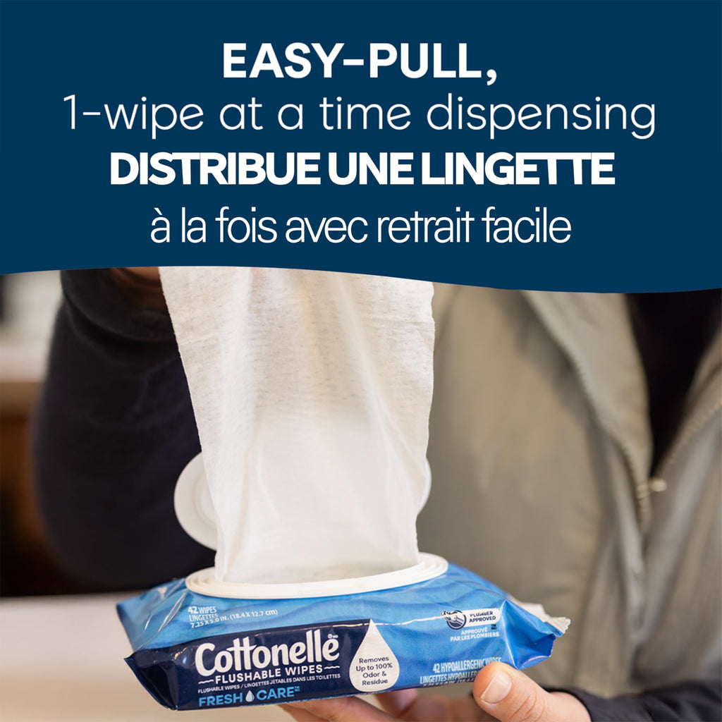 Flushable Wet Wipes; Cottonelle FreshCare; Biodegradable & Septic Safe; 8 Flip-Top Packs of 42 (336 Wipes)