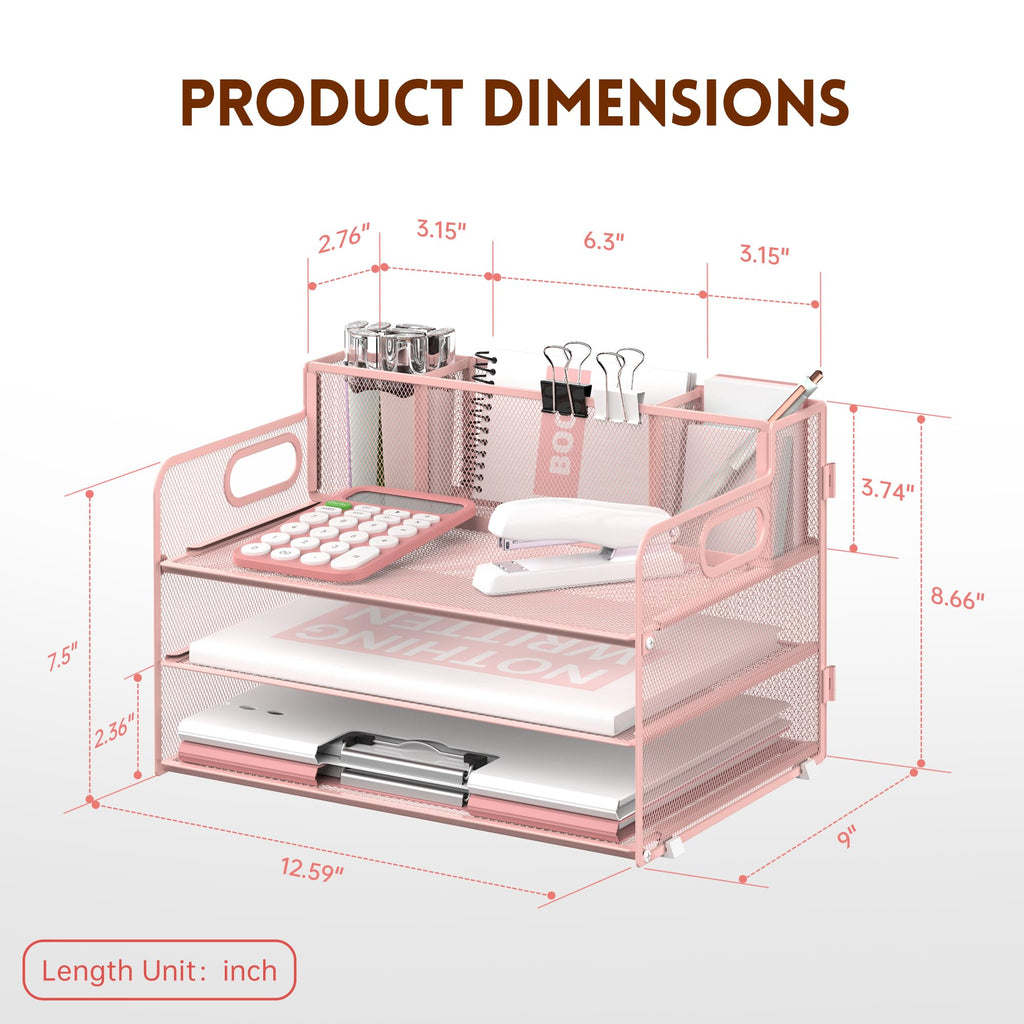 SUPEASY 3 Tier Desk Organizer with Handle & 3 Pen Holders, Mesh Paper/File Organizer for Desk, Paper Letter Tray Organizer for Office Supplies (Pink)
