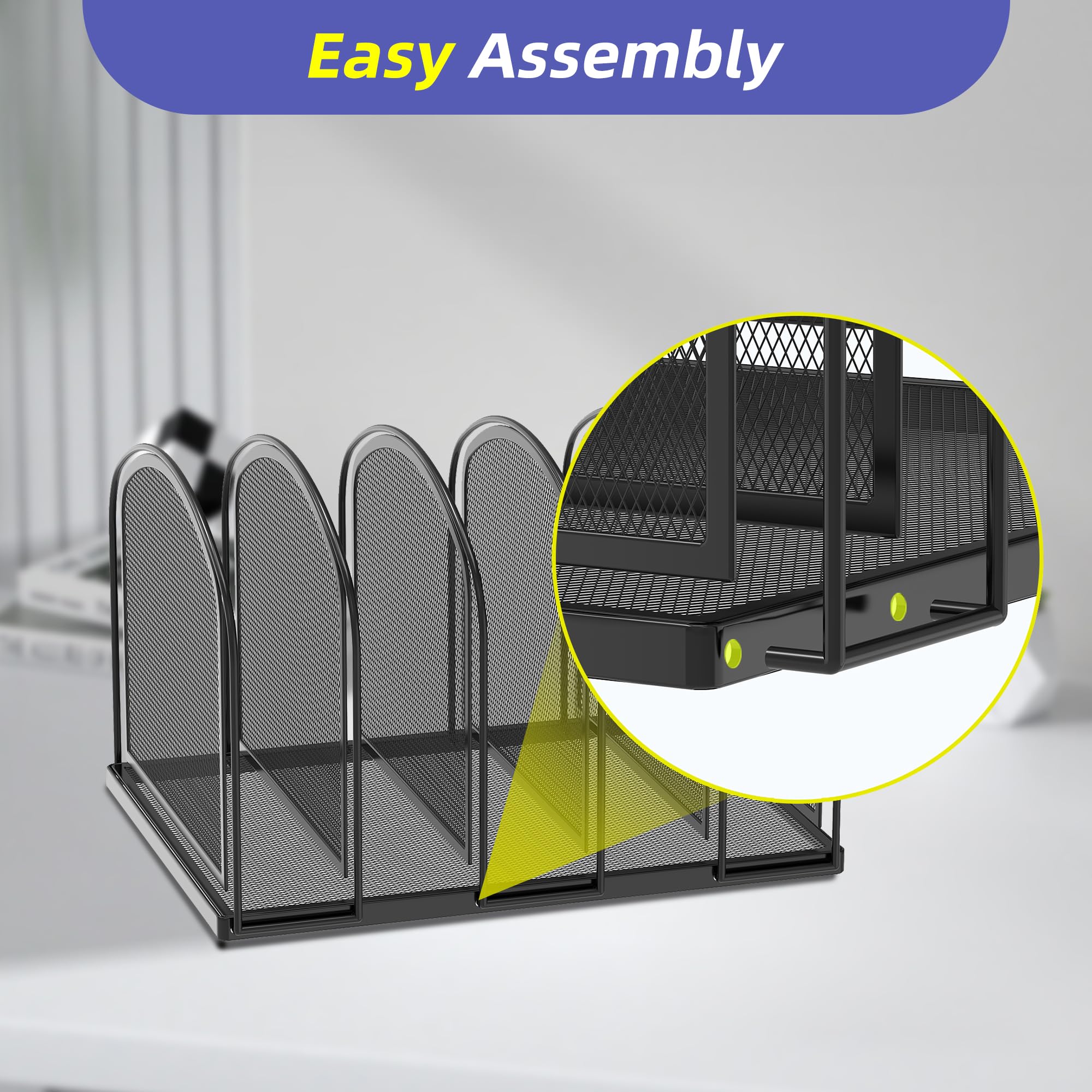SUPEASY File Organizer for Desk, 5-Section Mesh Desk Organizer, Vertical File Folder Holder for Office Supplies, Black