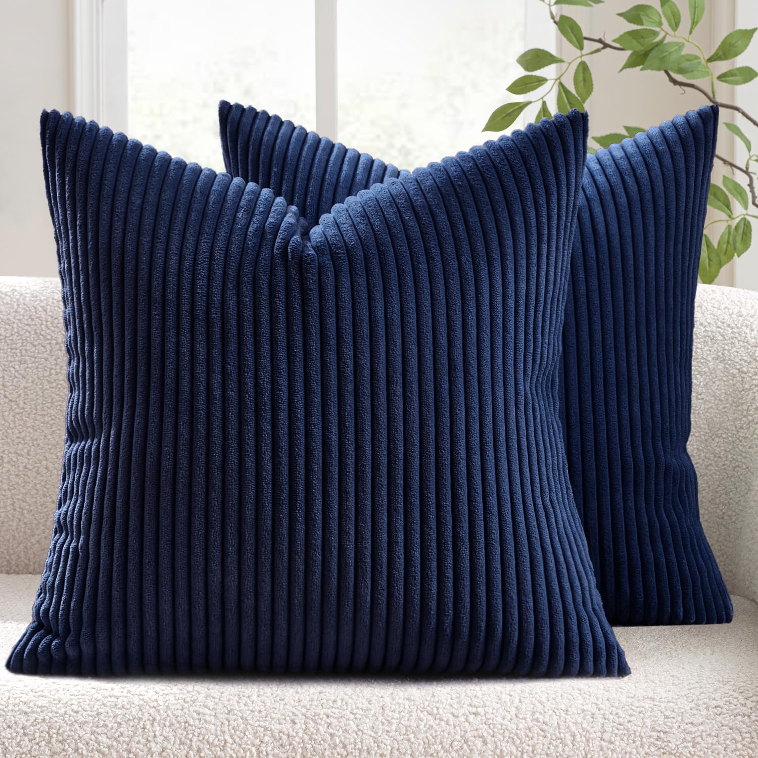 MIULEE Pack of 2 Corduroy Soft Soild Decorative Square Throw Pillow Covers Cushion Cases Pillow Cases for Couch Sofa Bedroom Car 18 x 18 Inch 45 x 45 cm, Navy Blue