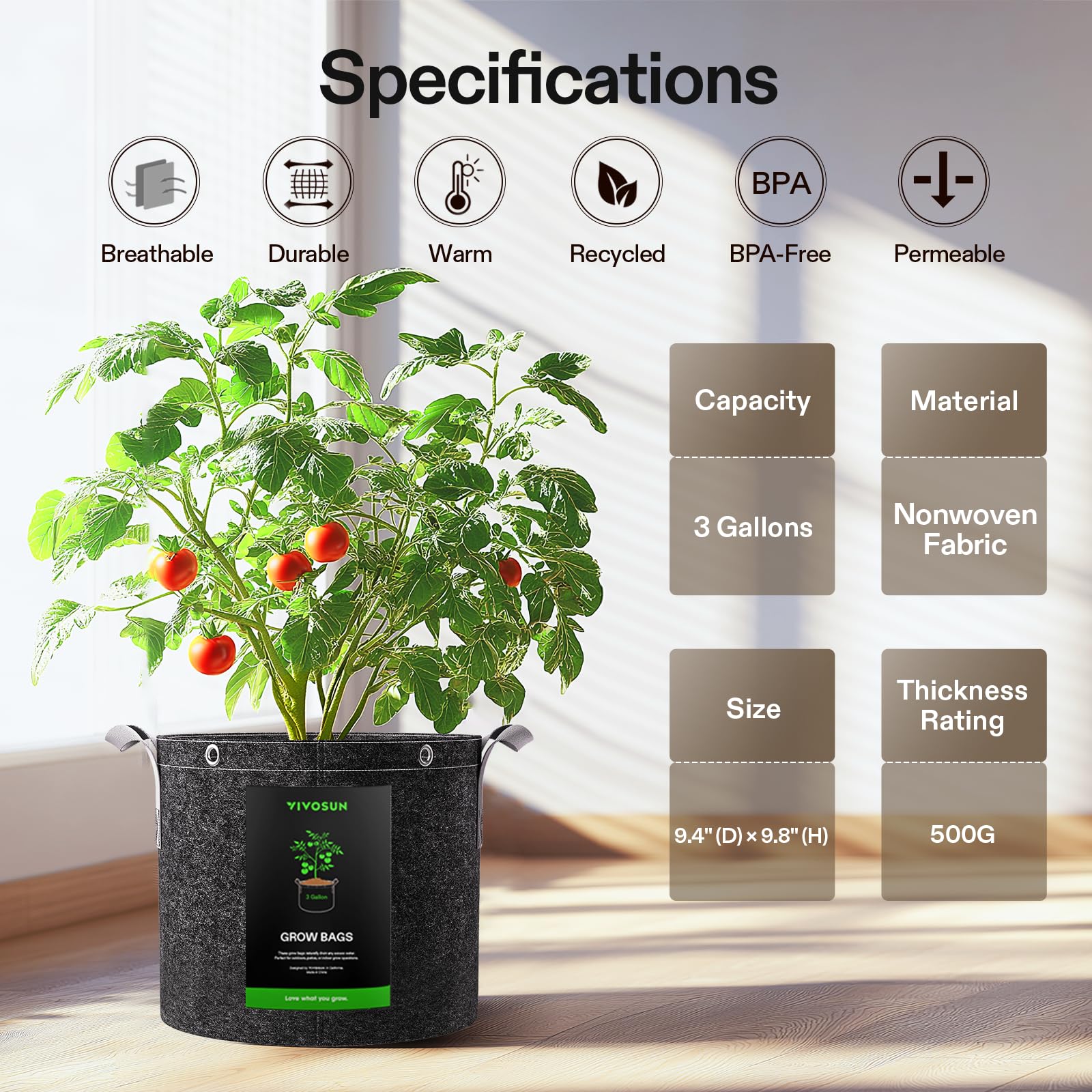 VIVOSUN 5-Pack 3 Gallon Grow Bags, 500G Thick Nonwoven Fabric Pots with Strap Handles, Multi-Purpose Rings, for Low Stress Plant Training Fruits, Vegetables, and Flowers