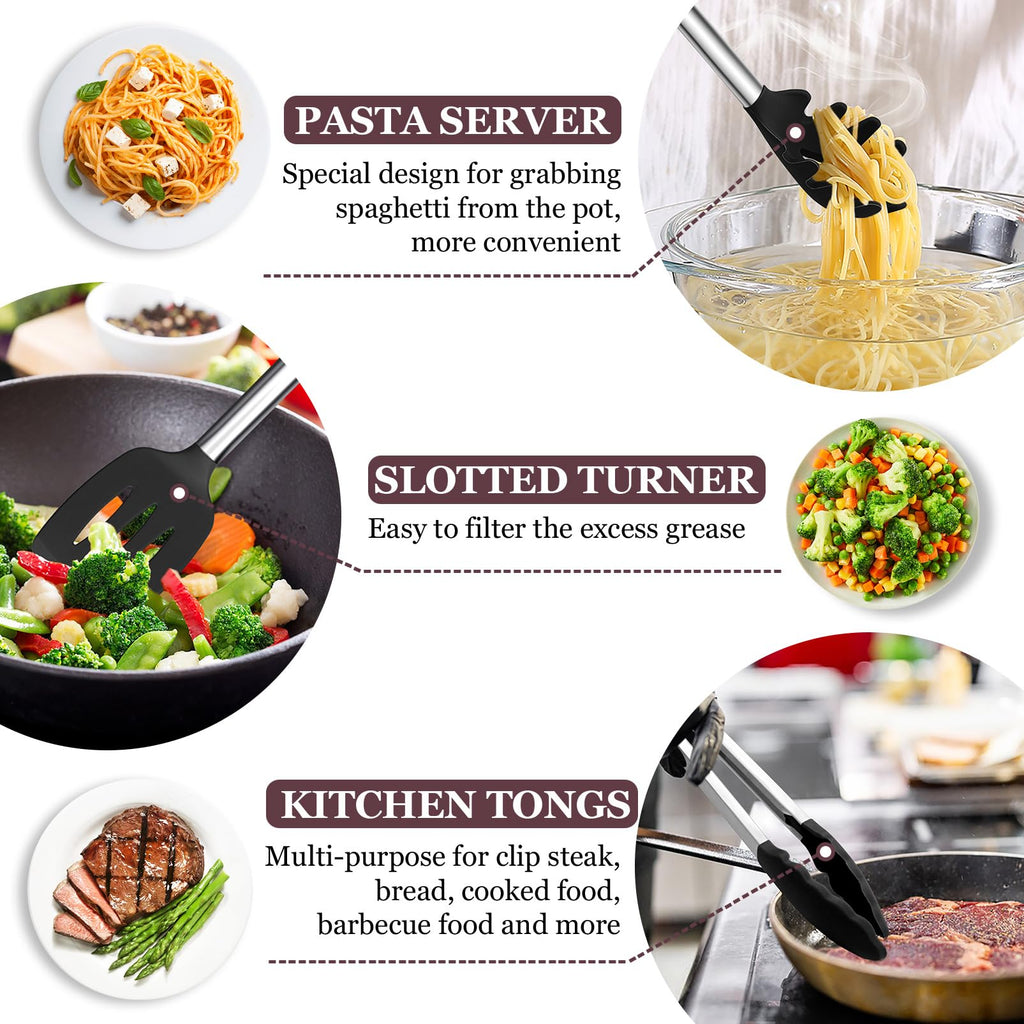 TeamFar Kitchen Utensils Set of 8, Silicone Utensils Kitchen Tools Set with Stainless Steel Handle, for Frying Serving Flipping Draining, Non-Toxic & Heatproof, Nonstick & Dishwasher Safe - Black