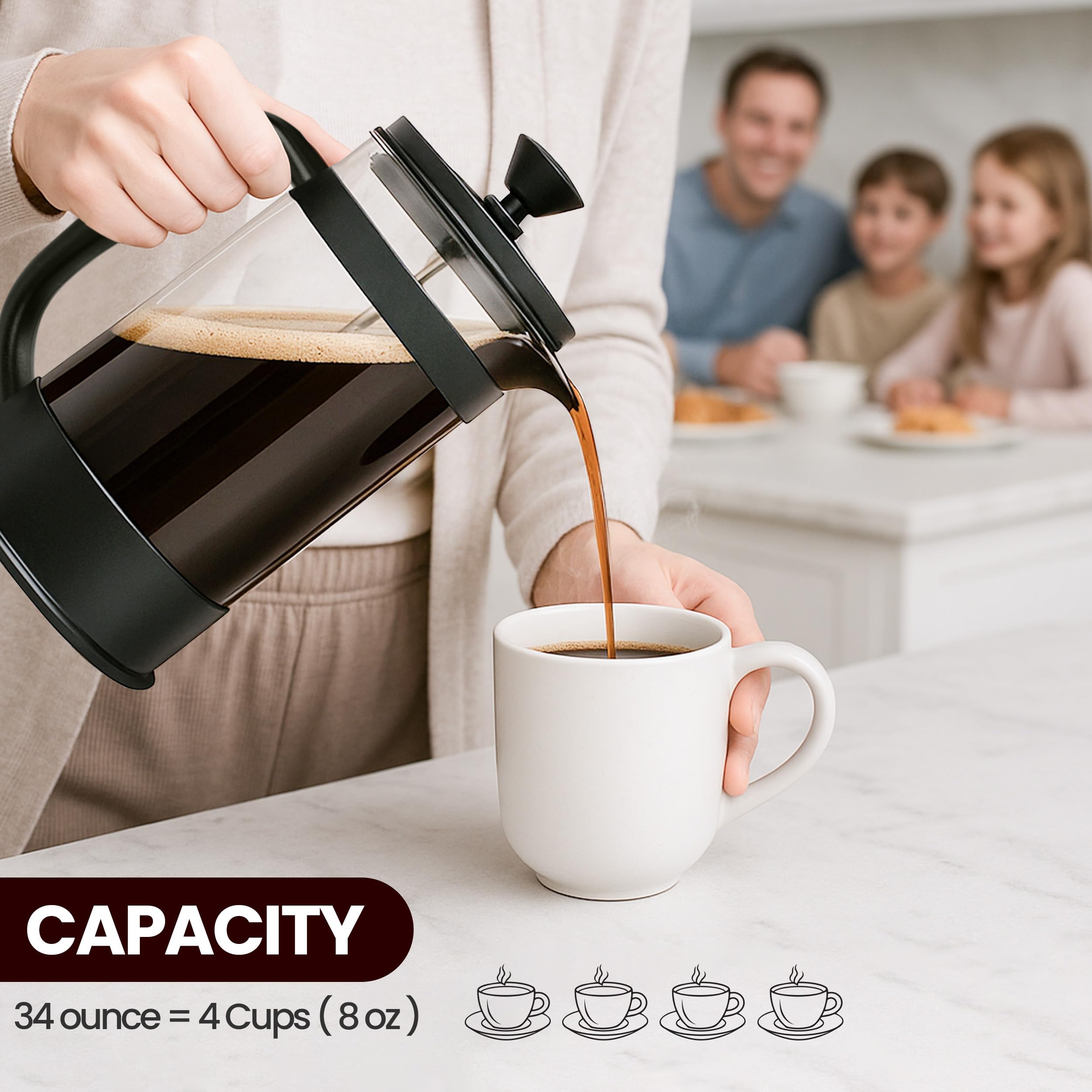 KICHLY - 34 Ounce French Press Espresso and Tea Maker with Triple Filters, Stainless Steel Plunger and Heat Resistant Borosilicate Glass, Black