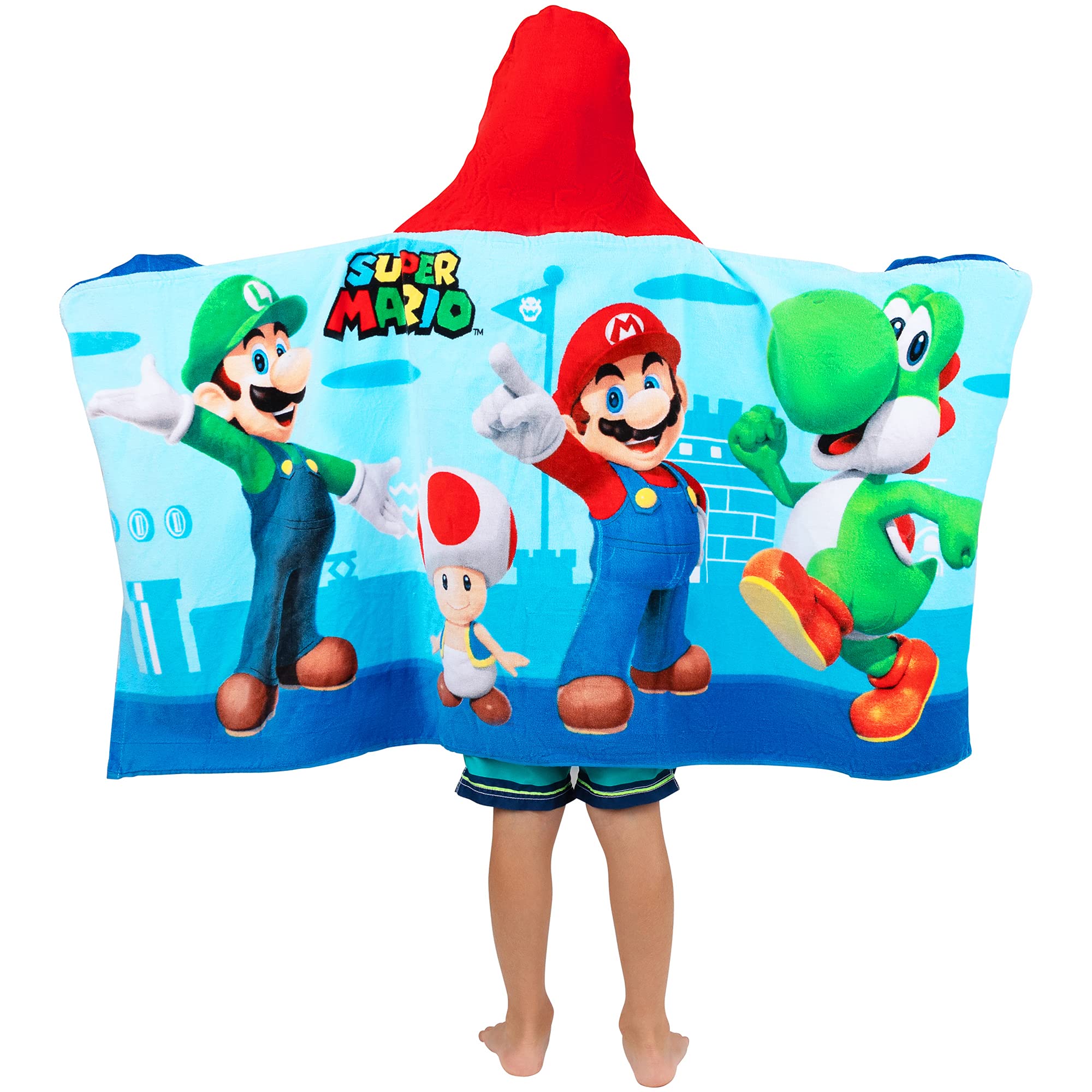 Franco Kids Bath and Beach Super Soft Cotton Hooded Towel Wrap, 24 in x 50 in, Super Mario
