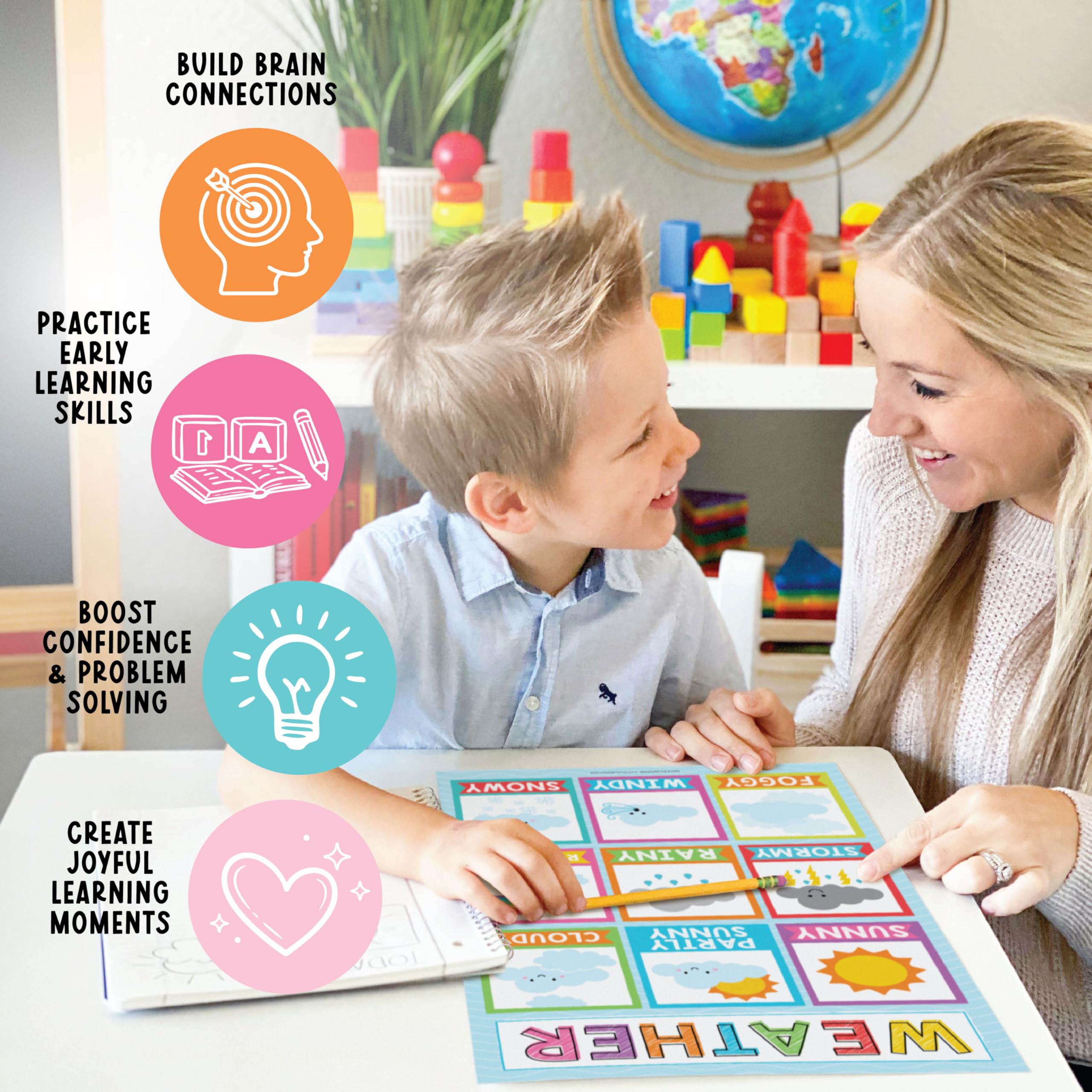 Hadley Designs 16 Educational Posters for Classroom & Kindergarten, Kindergarten Classroom Must Haves, Laminated PreK Learning Chart Materials US & World Map, ABC Alphabet, Shapes, Days of the Week
