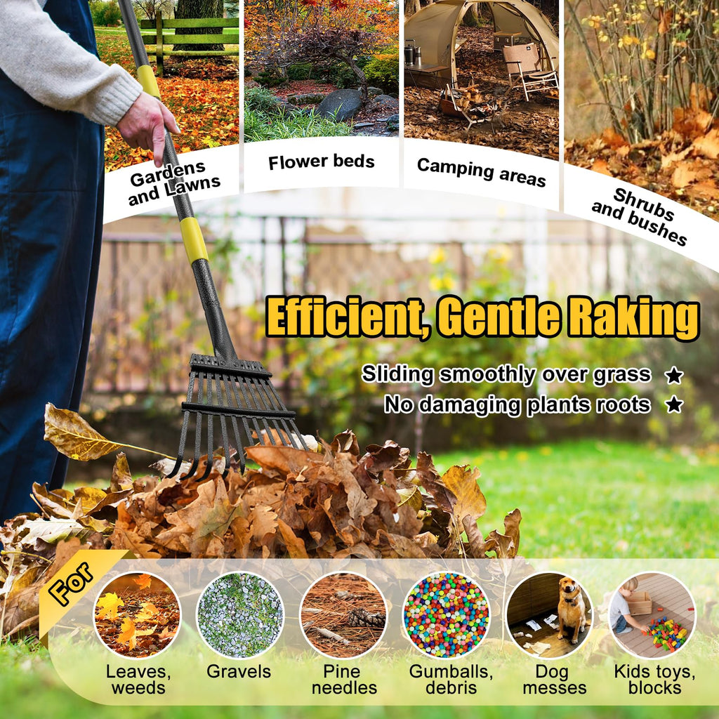 Garden Leaves Rake - 73 Inch Heavy Duty Small Shrub Rake - 11 Metal Tines - 8.5 inch Wide, Adjustable Handle,Garden Leaf Rakes for Collecting Debris Among Flower Beds, Delicate Plants, Lawns ,Yard