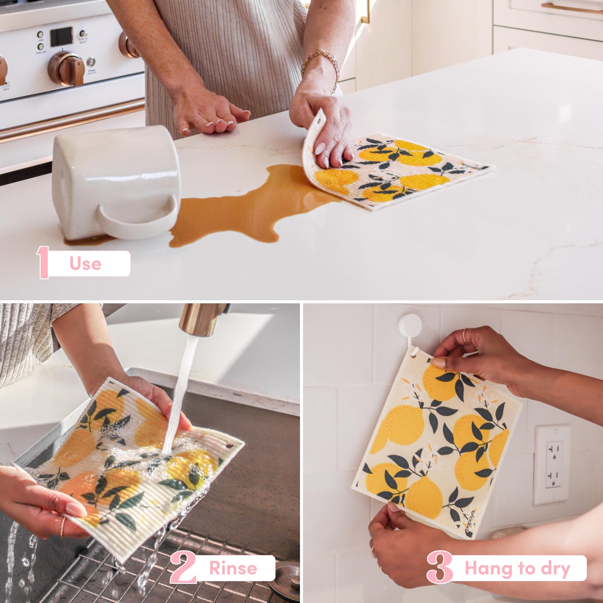 Papaya Reusable Paper Towels 2-Pack - 2 Sheets + 1 Hook, 1 Sheet Replaces 17 Rolls, Quick Drying, No Odor, Washable Kitchen Cloth, Sustainable Dish Sponge, Eco Friendly Gift (Squeeze The Day)