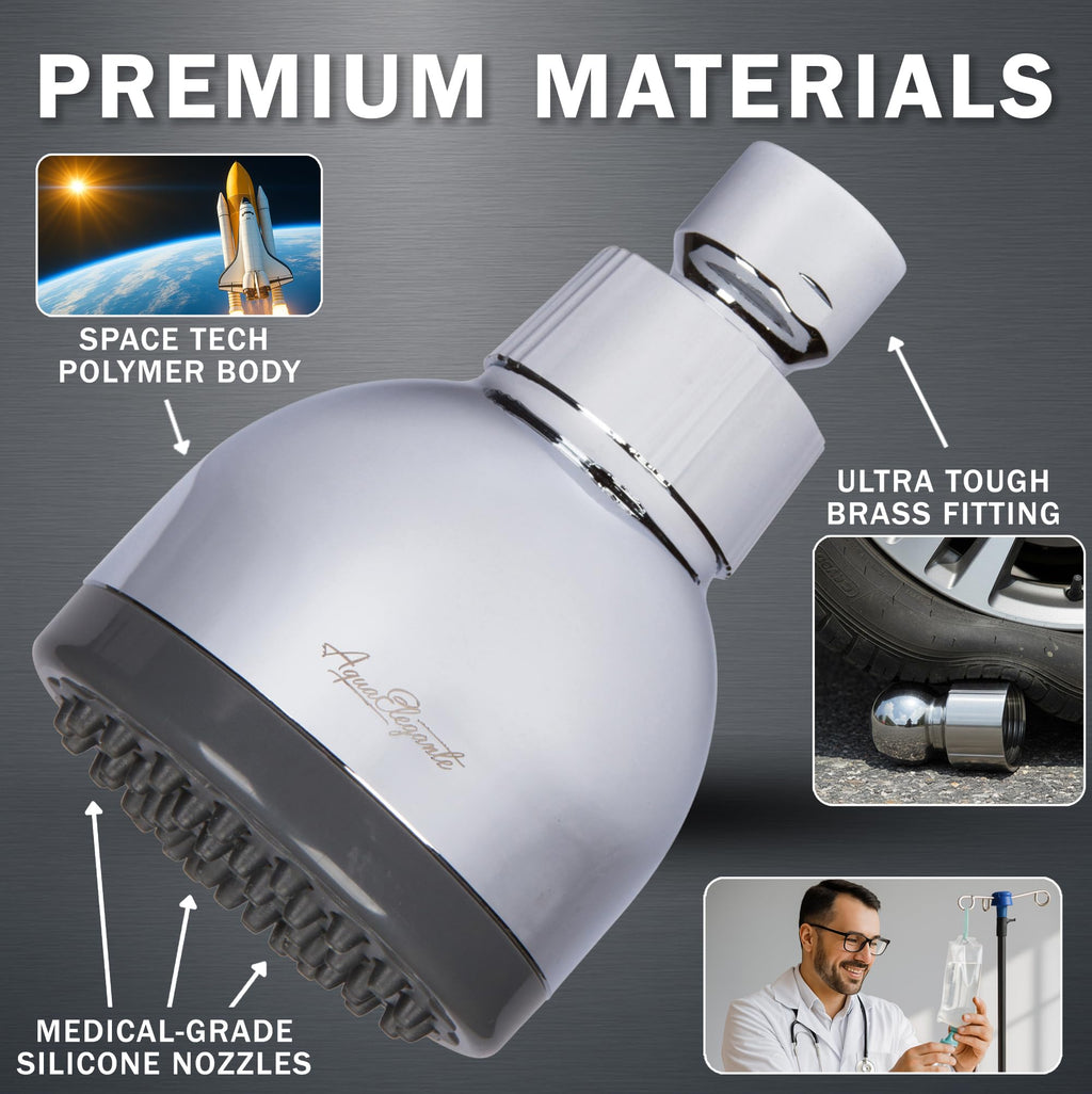 Aqua Elegante High Pressure Shower Head - Best 3 Inch Wall Mount Bathroom Showerhead for Boosting Low Flow with Anti-Clog Nozzles & Adjustable Brass Ball Joint - 2.5 GPM - Polished Chrome