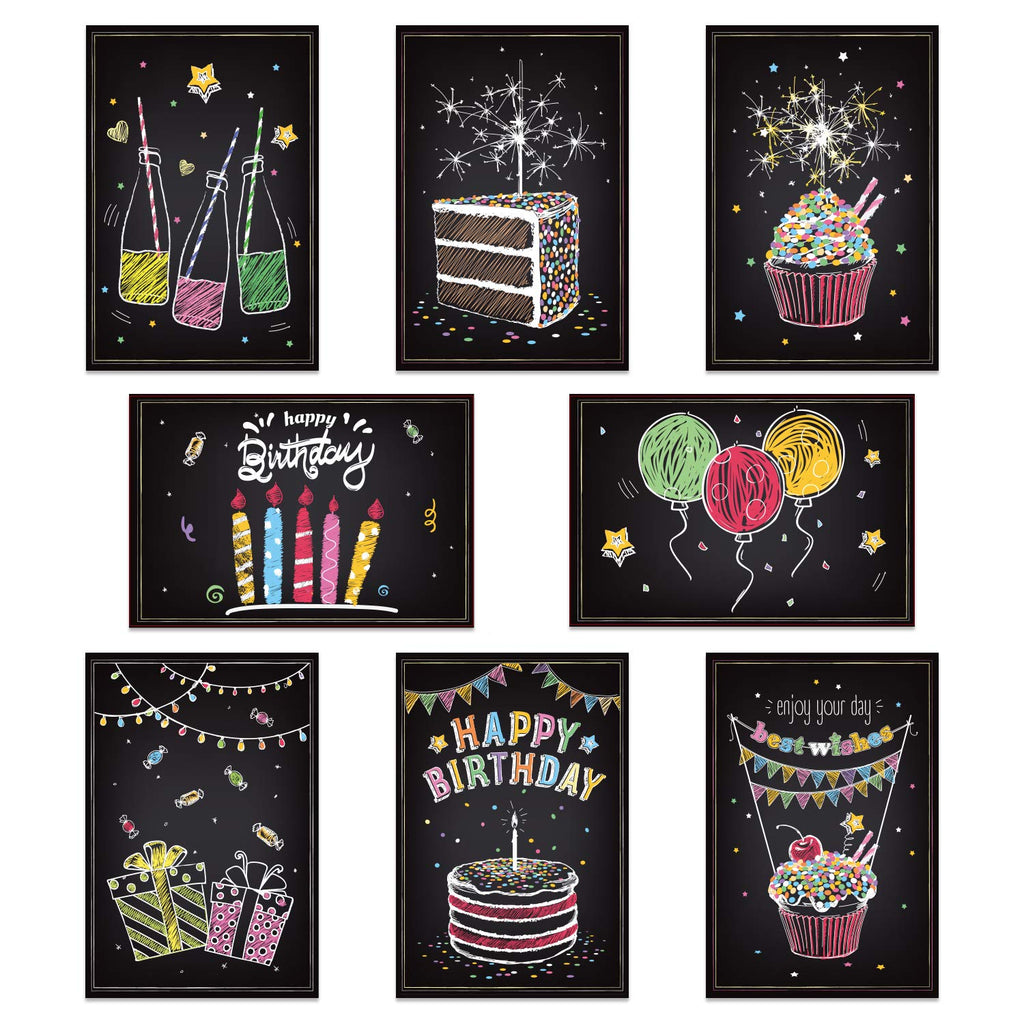 Ohuhu Assorted Happy Birthday Cards, 48 Pack Black Folded Cards for Kids’ Birthdays, Blank Inside Greeting Note Cards w/White Envelopes and Stickers, 4x6 inch, Birthday Party Invitation DIY Cardstock