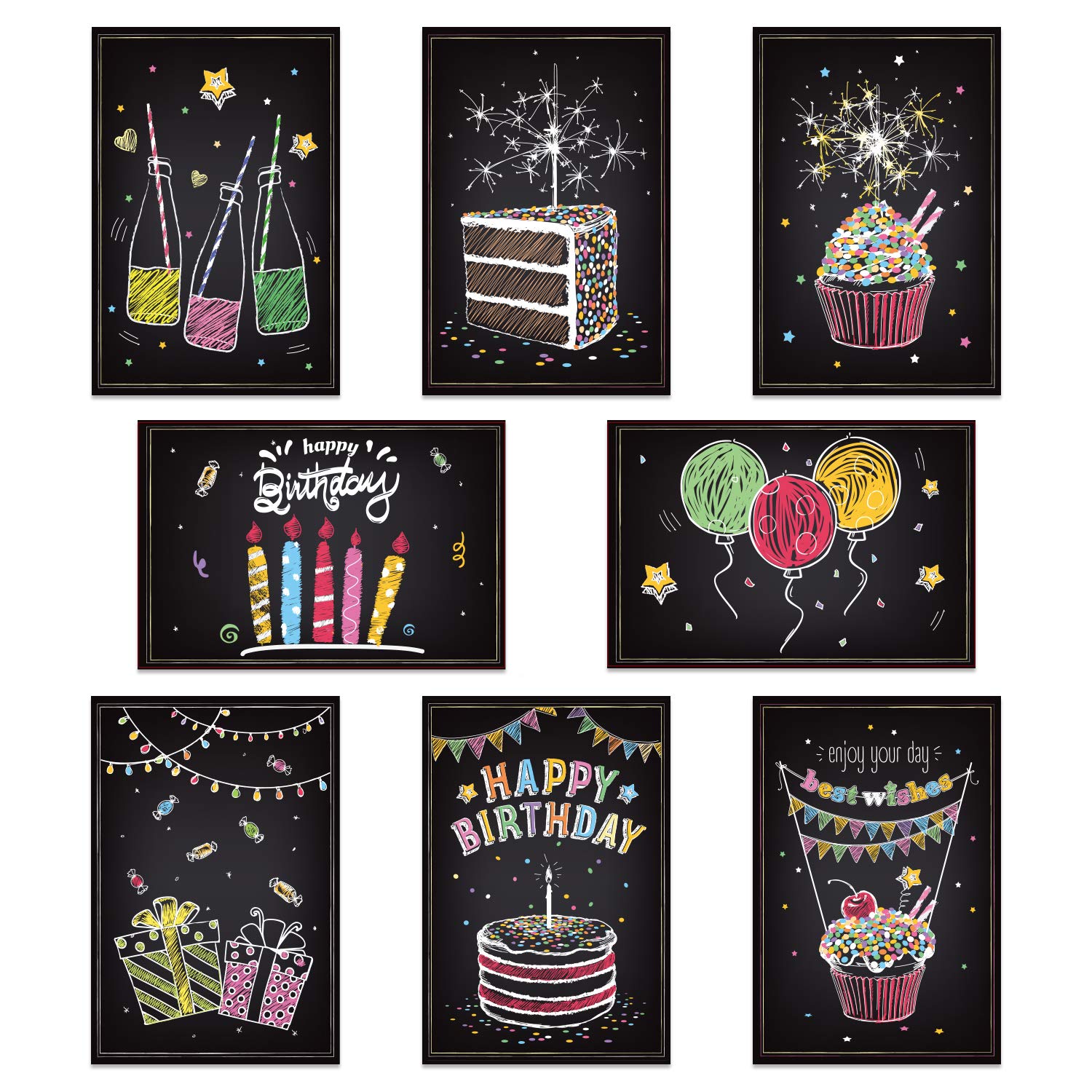 Ohuhu Assorted Happy Birthday Cards, 48 Pack Black Folded Cards for Kids’ Birthdays, Blank Inside Greeting Note Cards w/White Envelopes and Stickers, 4x6 inch, Birthday Party Invitation DIY Cardstock