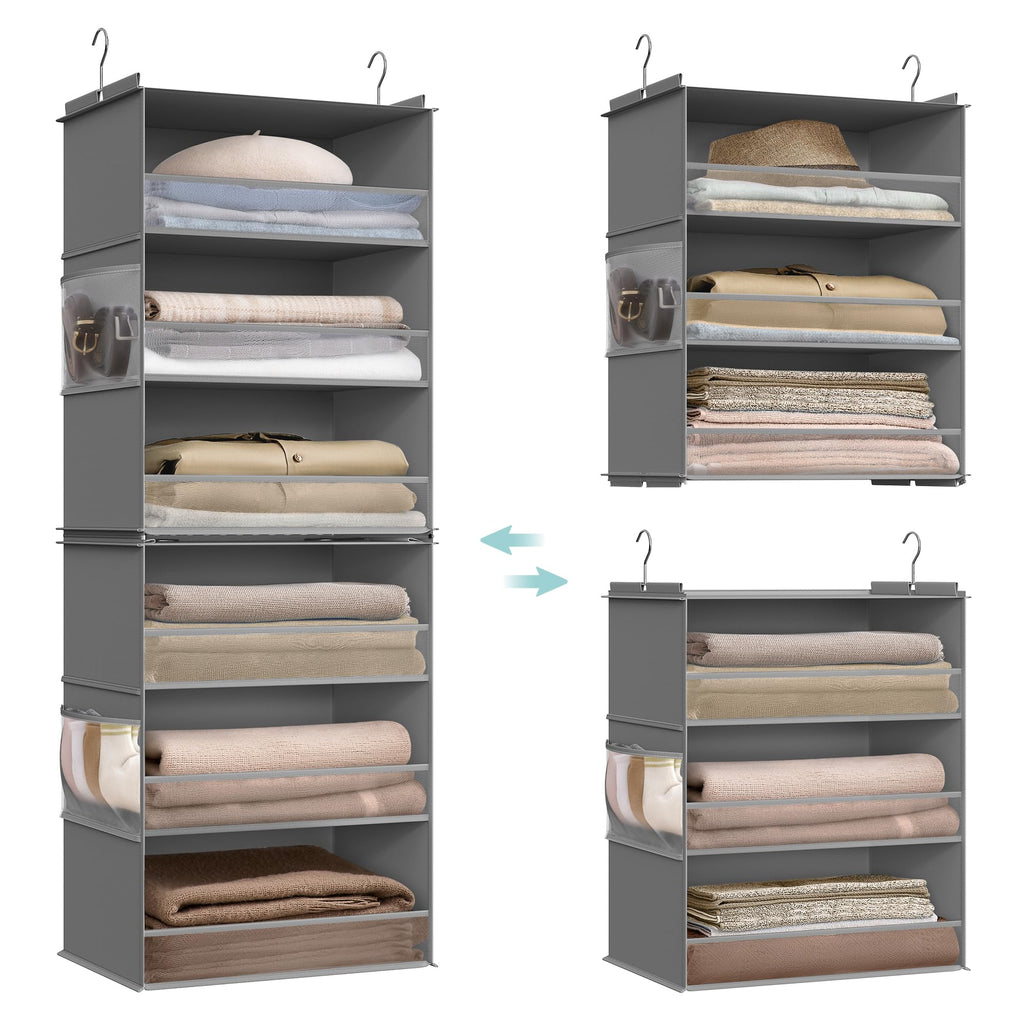 SONGMICS Hanging Closet Organizer, 6-Tier Fabric Storage Shelf, Separable Closet Hanging Shelf with Side Pockets, Foldable, Metal Hooks and Bamboo Inserts, Dark Gray URCH007G01