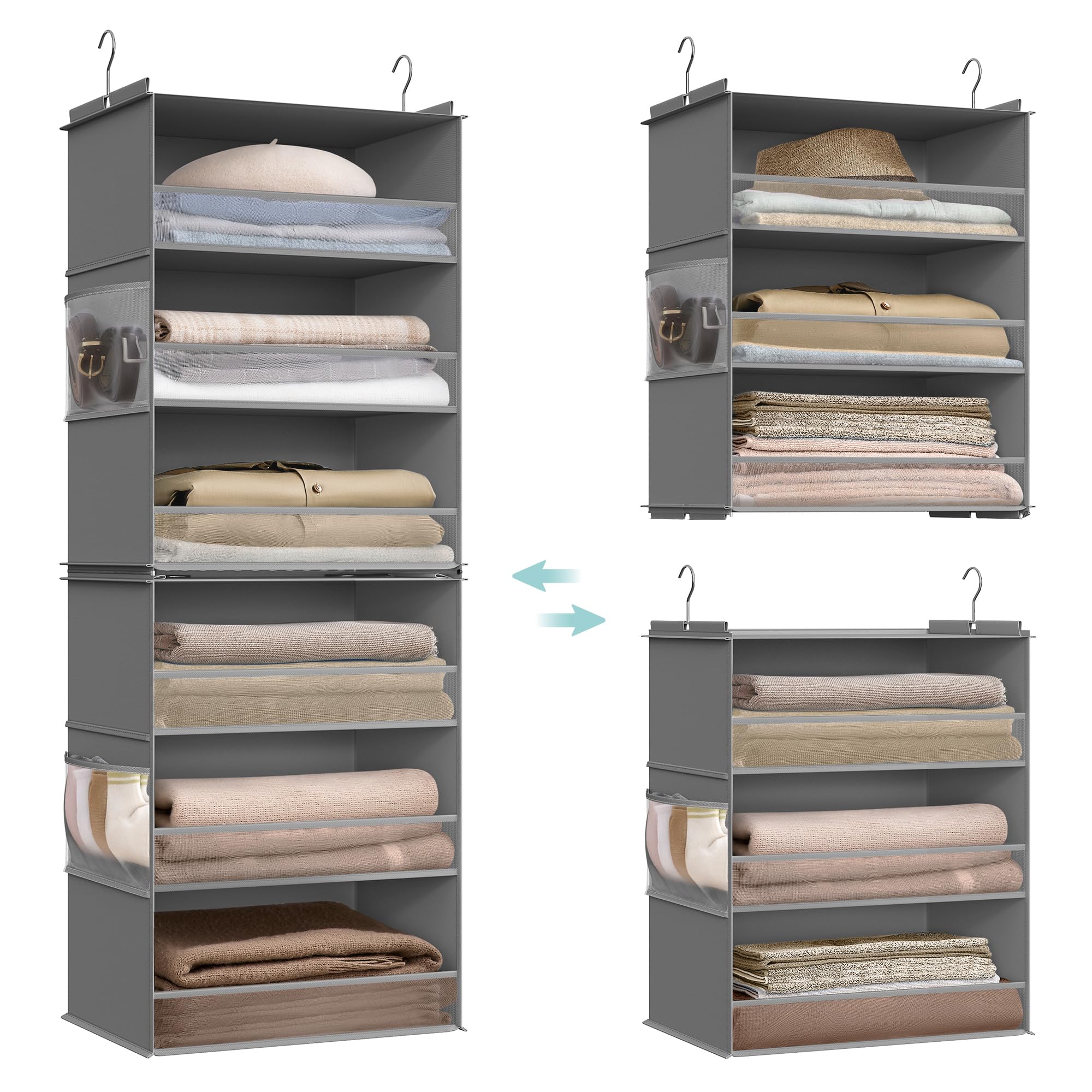 SONGMICS Hanging Closet Organizer, 6-Tier Fabric Storage Shelf, Separable Closet Hanging Shelf with Side Pockets, Foldable, Metal Hooks and Bamboo Inserts, Dark Gray URCH007G01