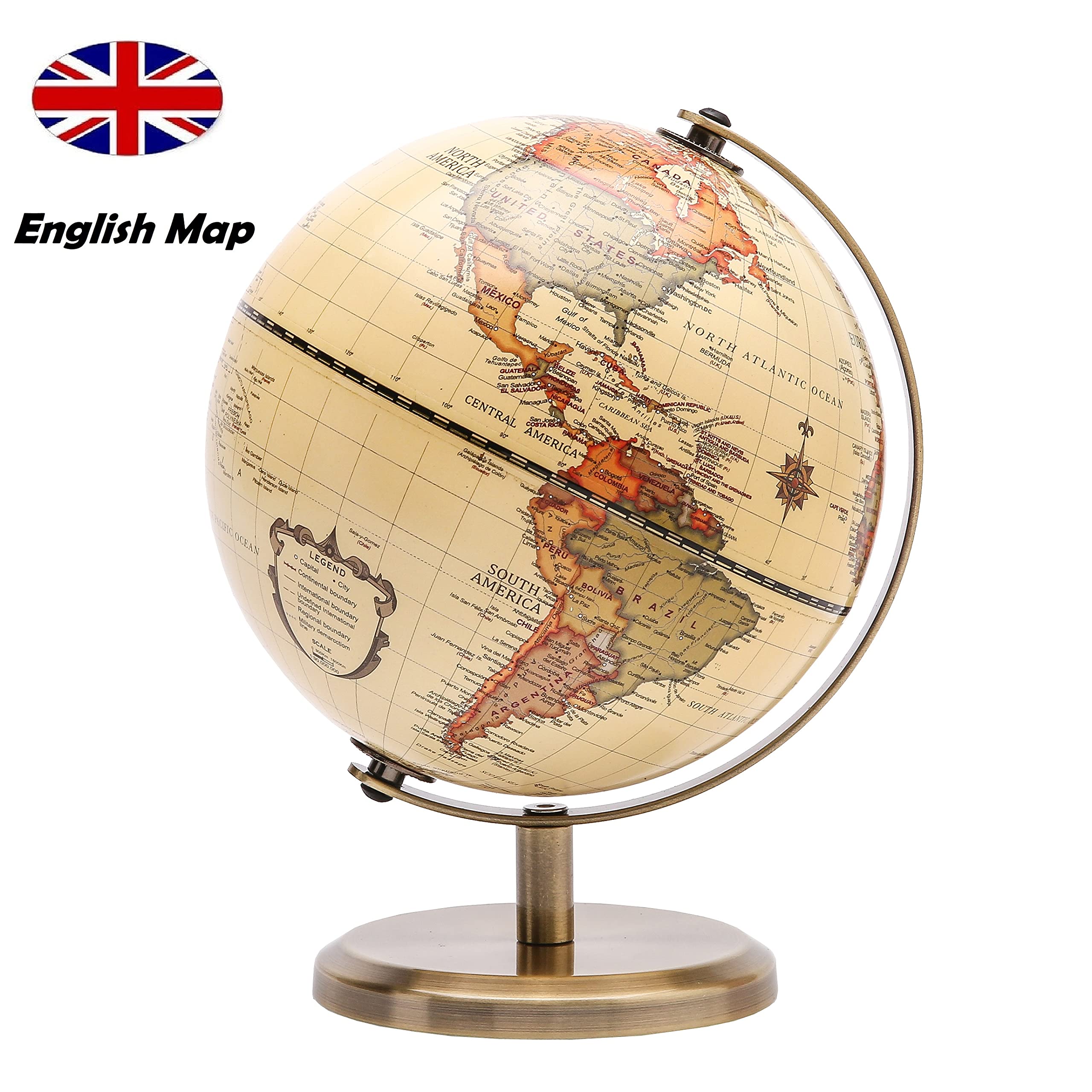 Exerz 14cm Antique Globe (5.5") - English Map - Mini Globe Educational/Geographic Vintage Color Modern Map - Metal Arc and Base