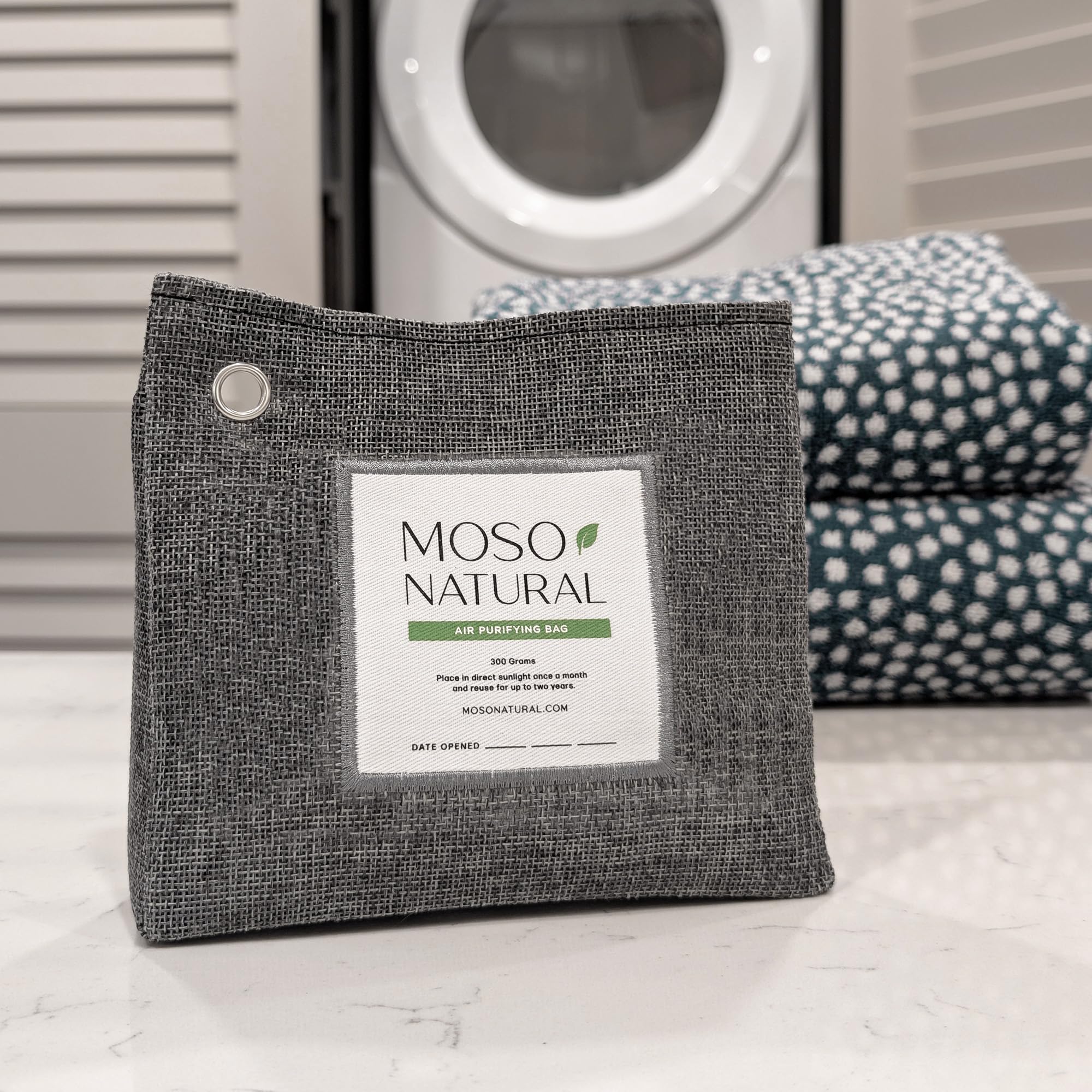 Moso Natural Air Purifying Bag 300g. A Scent Free Odor Eliminator for Closets, Bathrooms, Laundry Rooms, Pet Areas. Premium Moso Bamboo Charcoal Odor Absorber. Freestanding Design.