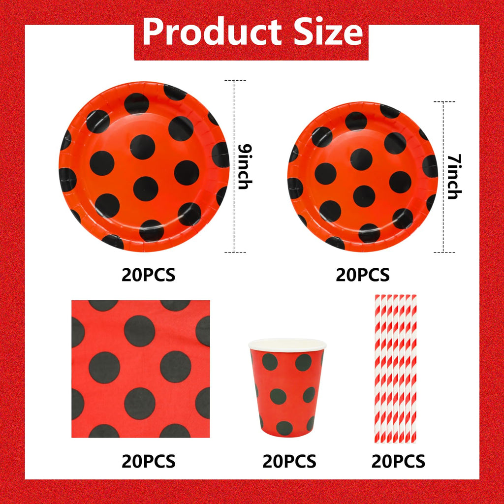 SKTMH 100 Pcs Ladybug Tableware: Red & Black Polka Dot Plates, Napkins, Cups & Straws - Ladybug Birthday Party Decorations
