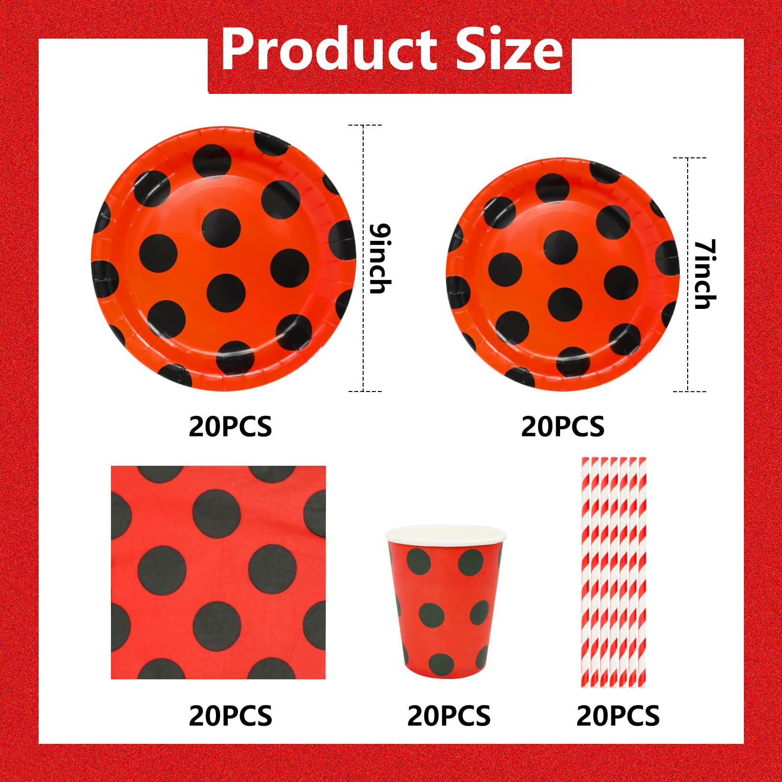 SKTMH 100 Pcs Ladybug Tableware: Red & Black Polka Dot Plates, Napkins, Cups & Straws - Ladybug Birthday Party Decorations