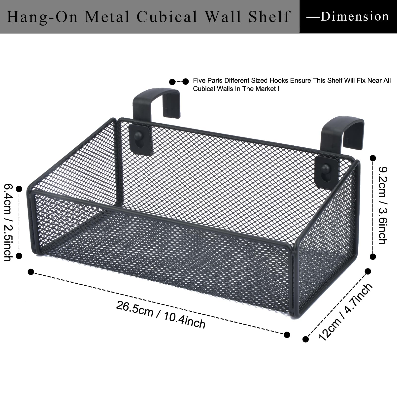 JDYOOMI Hanging Floating Shelves - Metal Mesh Cubicle Storage Organizer with 5 Plastic Hangers (Black)