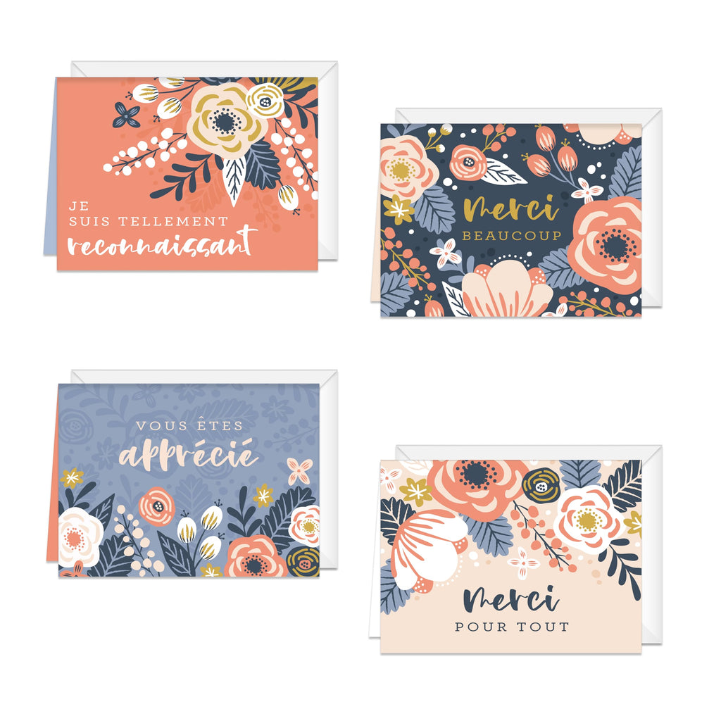 Floral Thank You Card Assortment / 24 Folded Merci Greeting Cards With White Envelopes / 4 5/8" x 6 1/4" French Canadian Notecards / 4 Unique Designs/Made In Canada