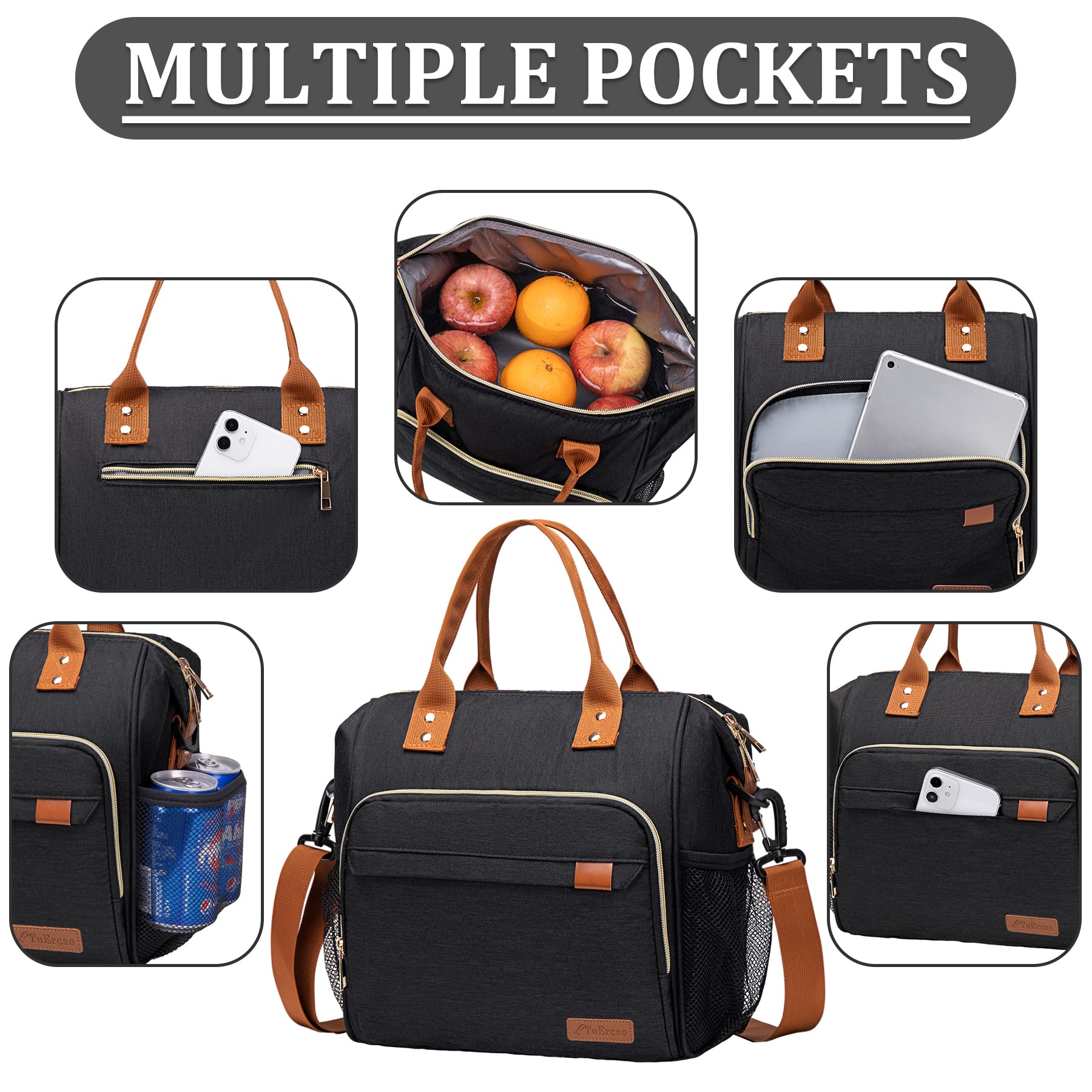 TuErcao Lunch Bags for Women- Boite a Lunch Reusable Adult Sac a Lunch, Black