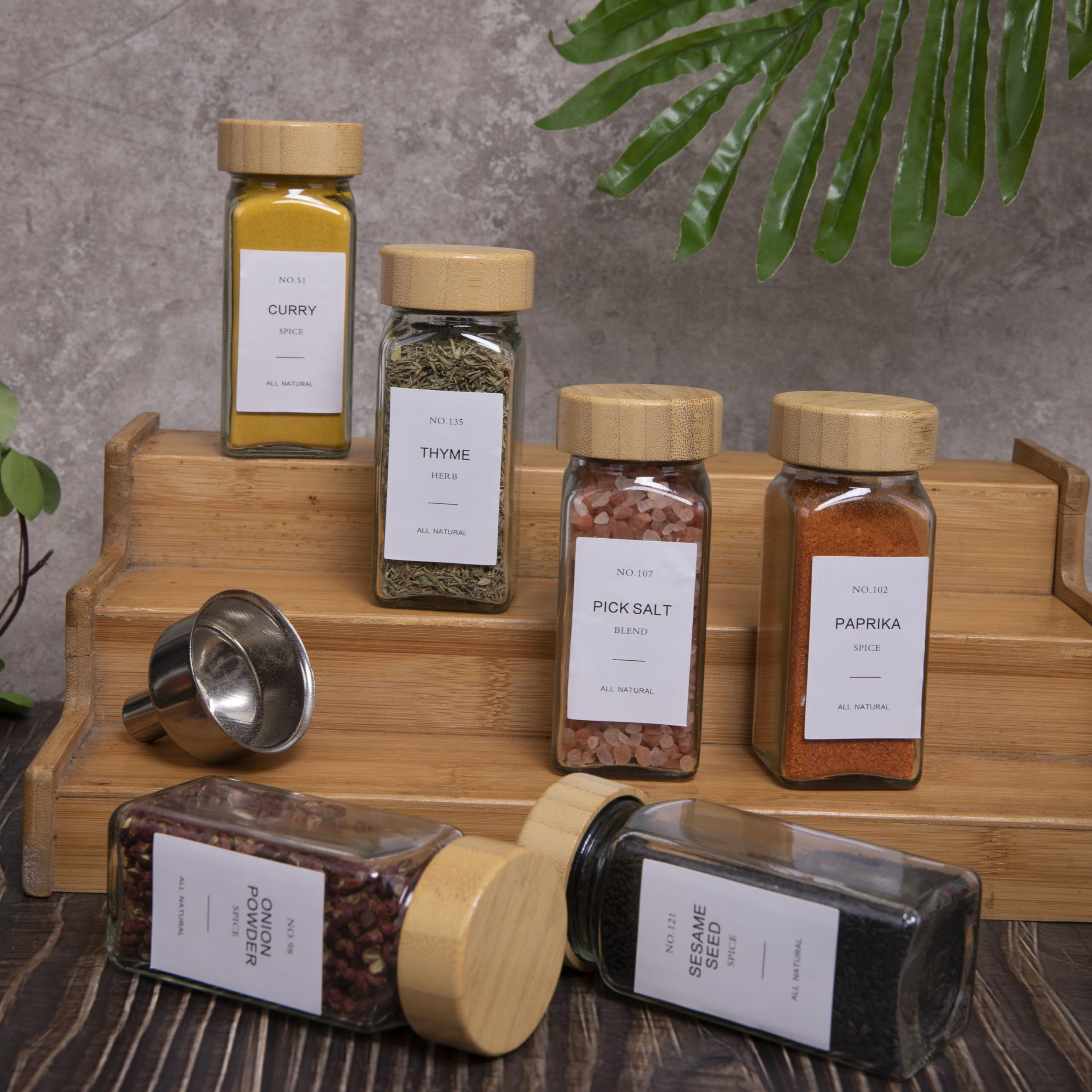 AOOEVAL 24 Pcs Spice Jars with Bamboo Lids and Spice Grinder,4 oz Glass Spice Organizer with 336 Spice Labels, Spice Funnel,Chalk and Brushes,Containers Bottles Great for Spice & Herb