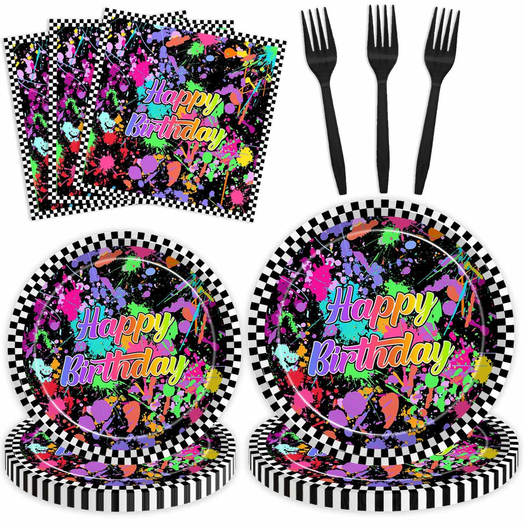 Joliaco 96 Pcs Neon Glow Birthday Party Tableware Set Colorful Graffiti Splatter Paint Disposable Paper Plates and Napkins Glow in the Dark Theme Party Supplies for 24 Guests