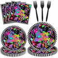 Joliaco 96 Pcs Neon Glow Birthday Party Tableware Set Colorful Graffiti Splatter Paint Disposable Paper Plates and Napkins Glow in the Dark Theme Party Supplies for 24 Guests