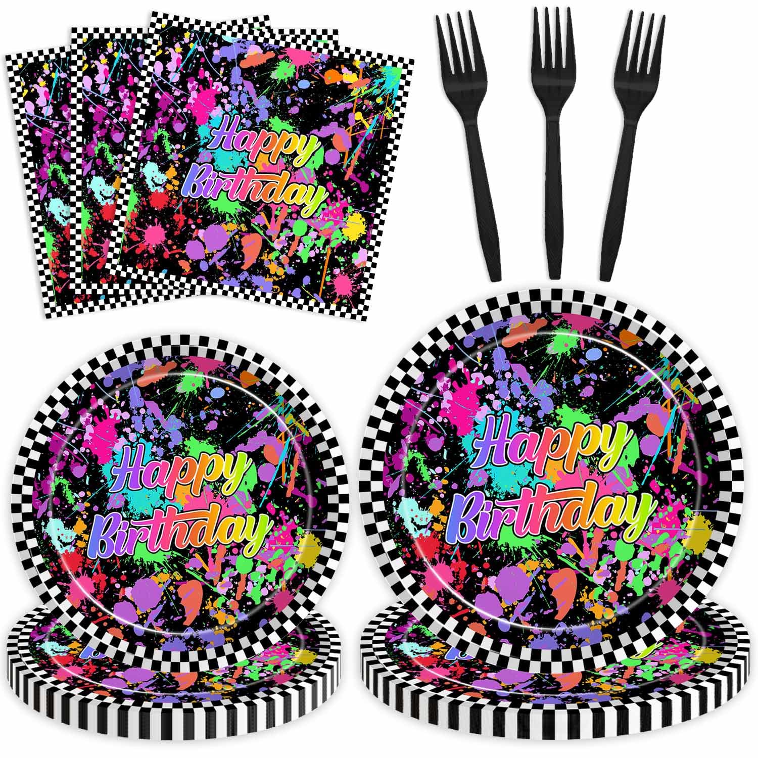 Joliaco 96 Pcs Neon Glow Birthday Party Tableware Set Colorful Graffiti Splatter Paint Disposable Paper Plates and Napkins Glow in the Dark Theme Party Supplies for 24 Guests