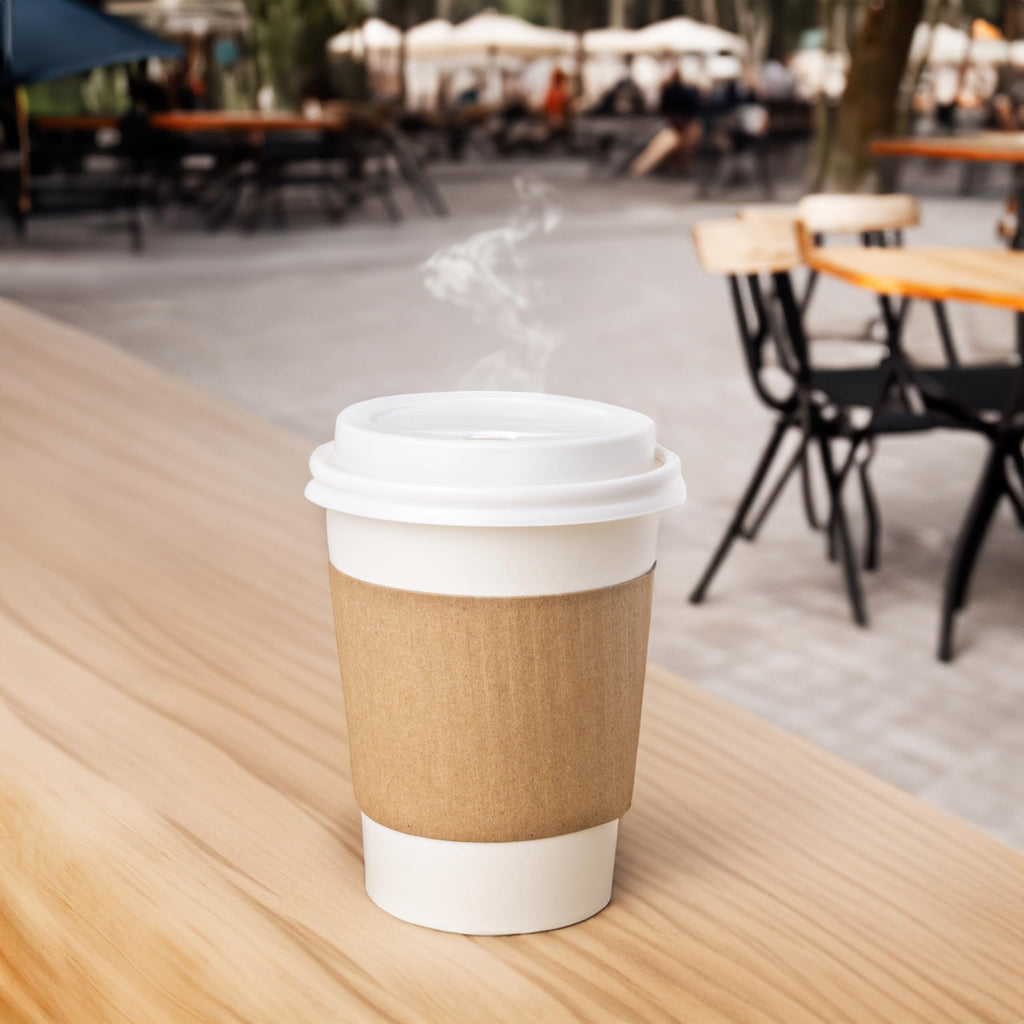 Blue Lake 12 oz Disposable Coffee Cups with Lids & Cup Sleeves. Made in Canada. 100 Cups, lids & Cup Sleeves